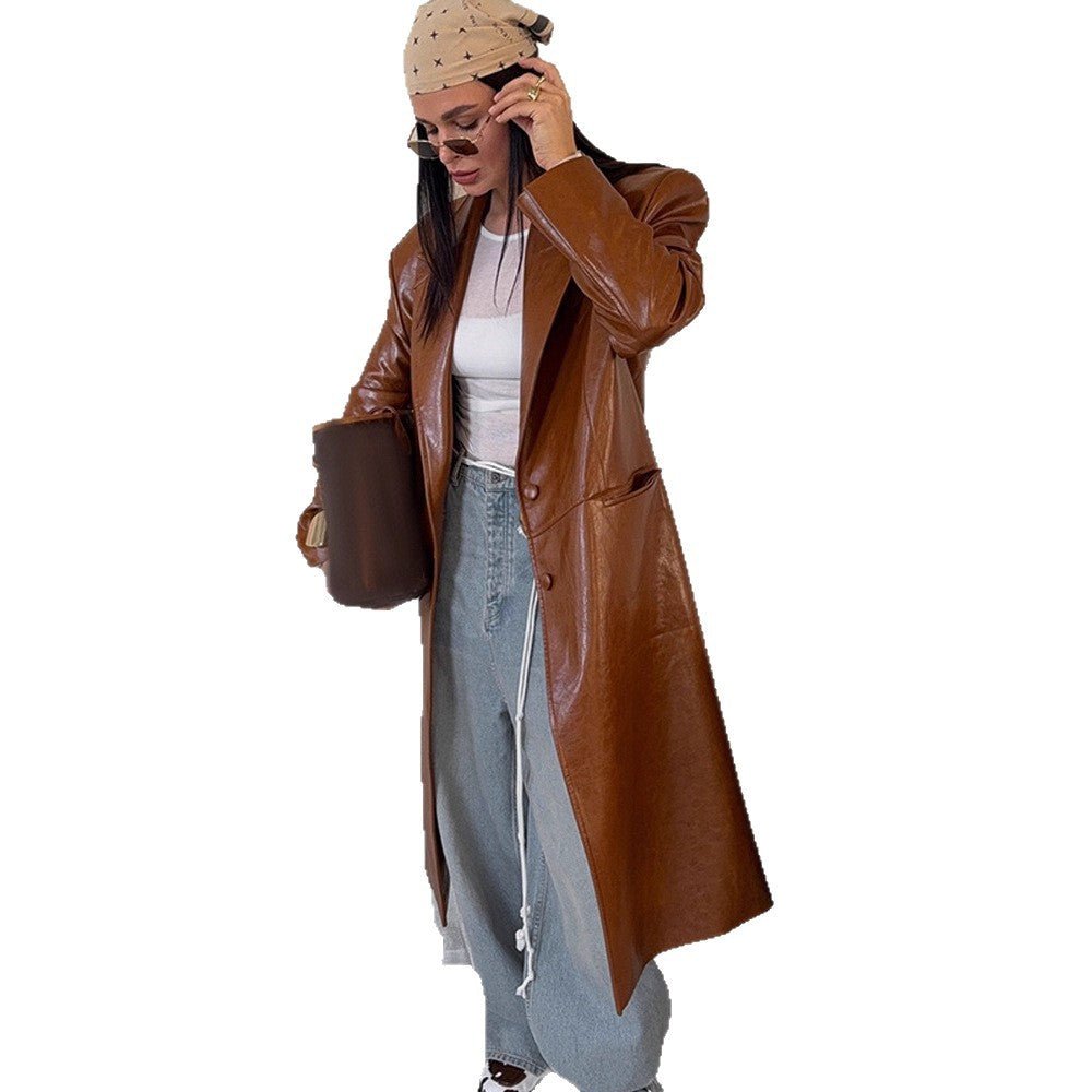 Women's long-cut patent leather trench coat with lapel collar and boxy oversized fit Chichicherry - Chichicherry