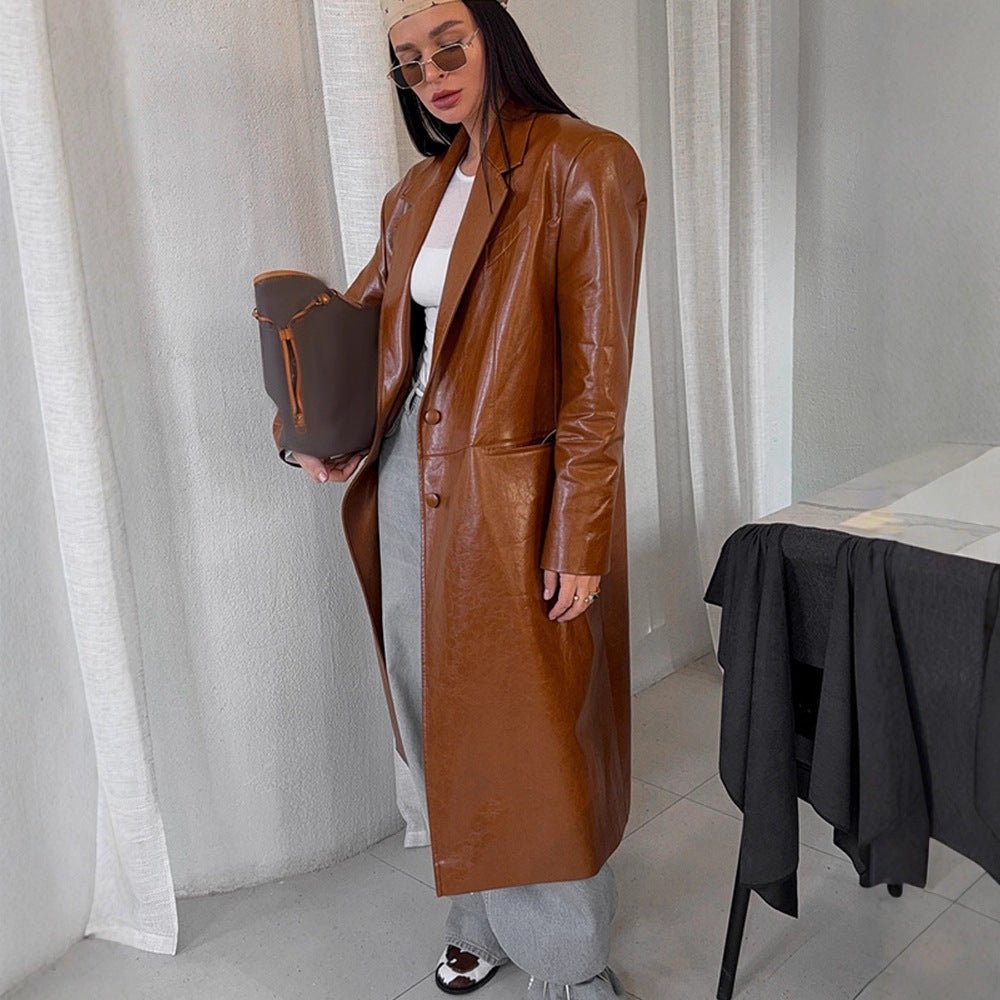 Women's long-cut patent leather trench coat with lapel collar and boxy oversized fit Chichicherry - Chichicherry