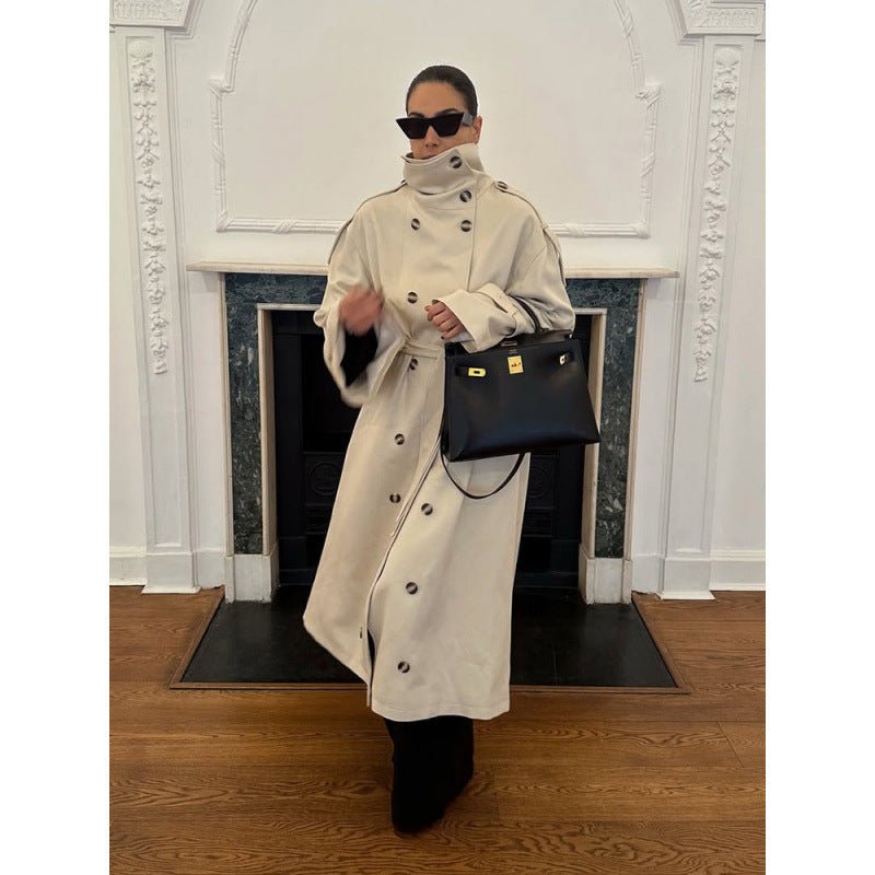 Women's Long Oversized Trench Coat with High Stand Collar, Bell Sleeves and Tie Belt Chichicherry - Chichicherry