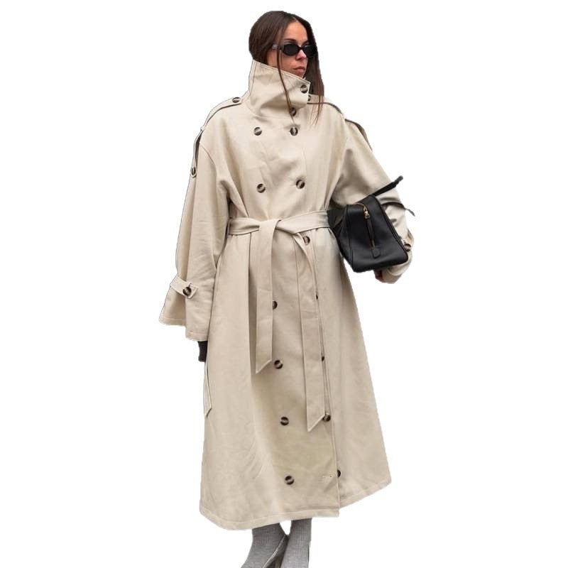 Women's Long Oversized Trench Coat with High Stand Collar, Bell Sleeves and Tie Belt Chichicherry - Chichicherry