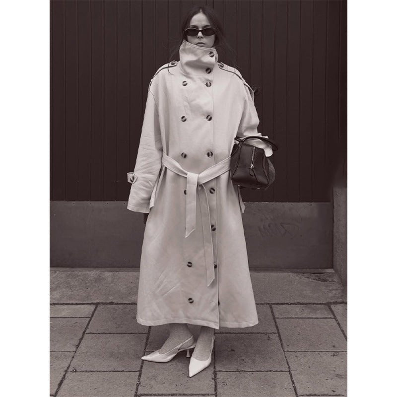 Women's Long Oversized Trench Coat with High Stand Collar, Bell Sleeves and Tie Belt Chichicherry - Chichicherry