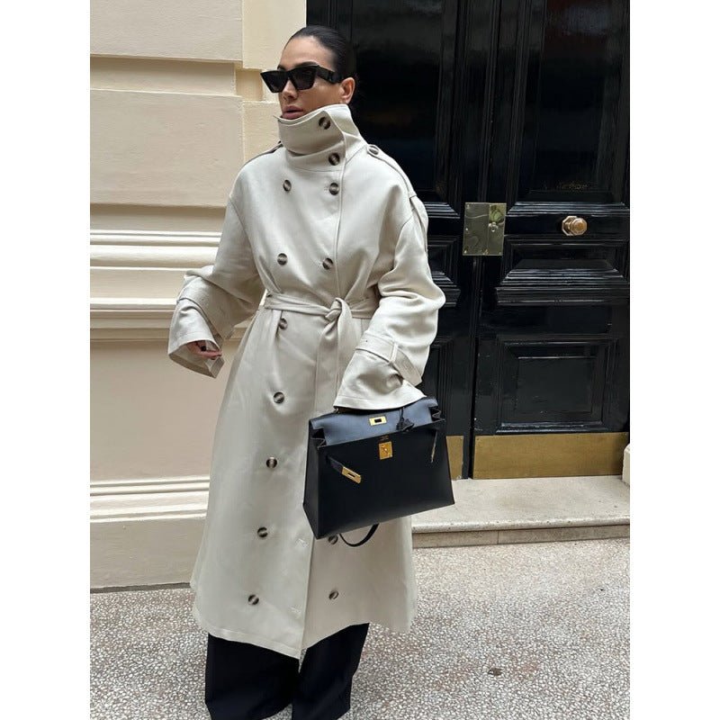 Women's Long Oversized Trench Coat with High Stand Collar, Bell Sleeves and Tie Belt Chichicherry - Chichicherry