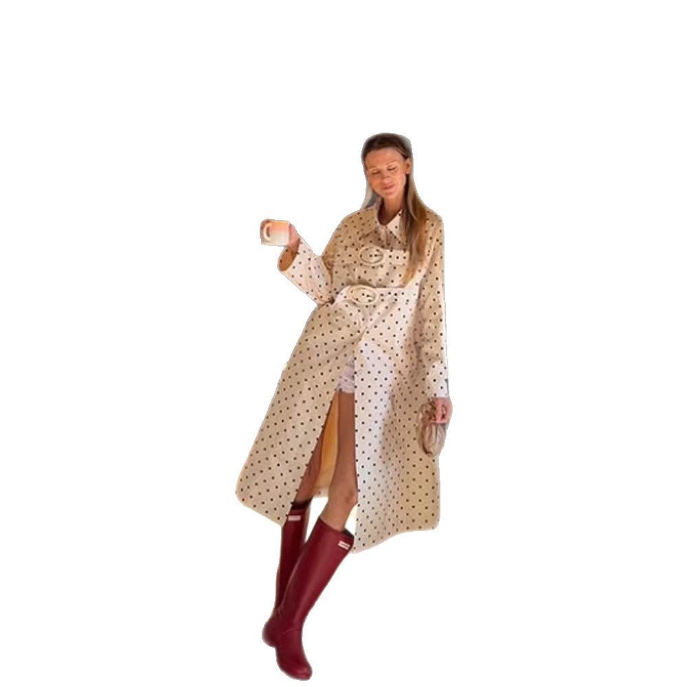 Women's Long Polka Dot Trench Coat with Oversized Lapels and Decorative Eyelets Chichicherry - Chichicherry