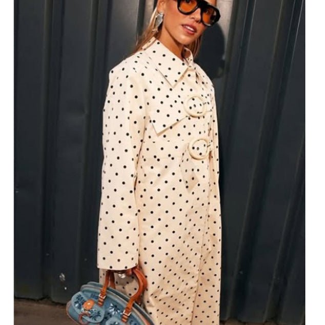 Women's Long Polka Dot Trench Coat with Oversized Lapels and Decorative Eyelets Chichicherry - Chichicherry