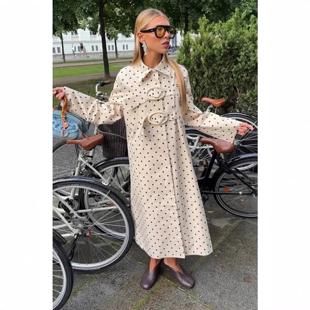 Women's Long Polka Dot Trench Coat with Oversized Lapels and Decorative Eyelets Chichicherry - Chichicherry