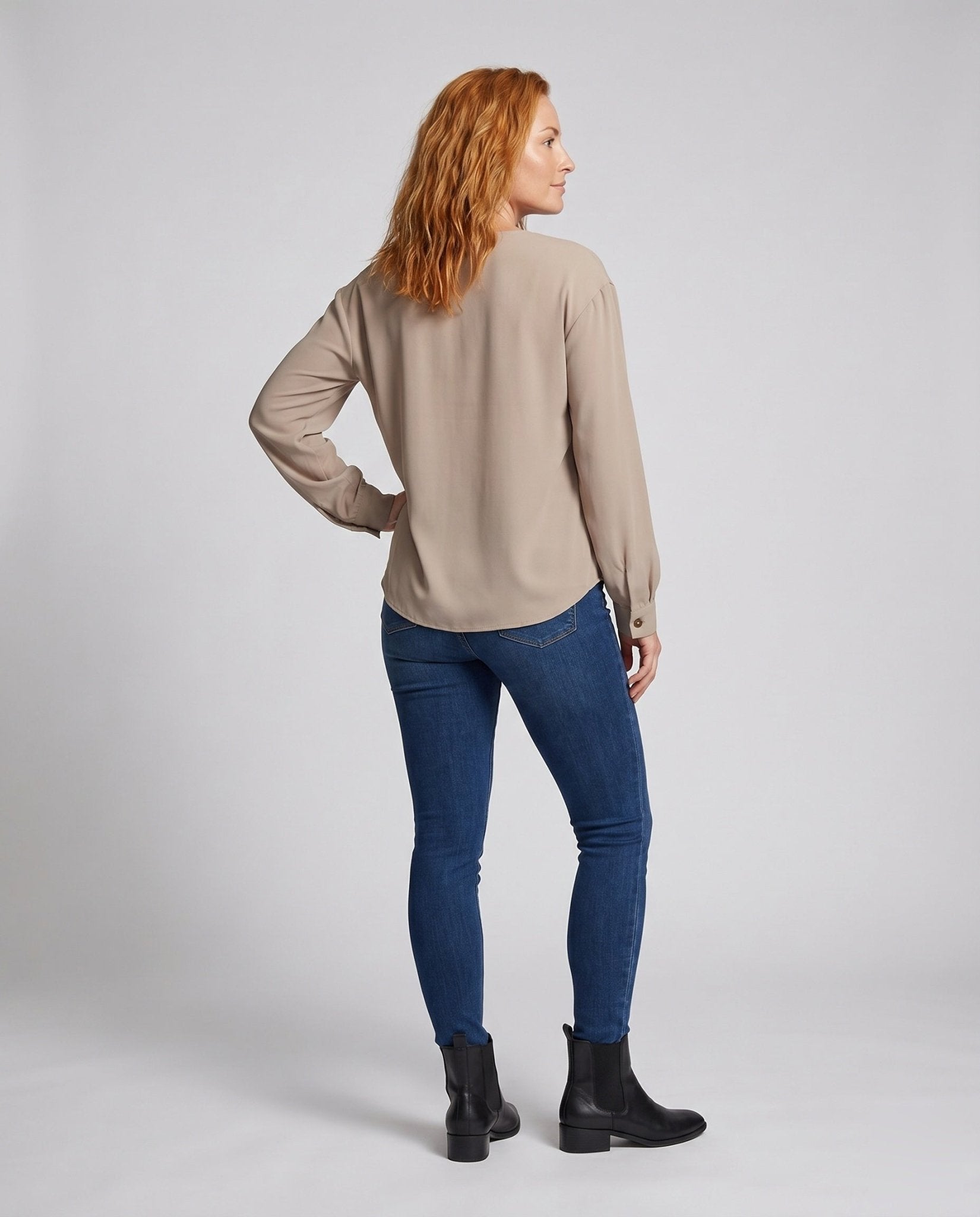 Women's long sleeve blouse with asymmetric collar and decorative buttons - Chichicherry