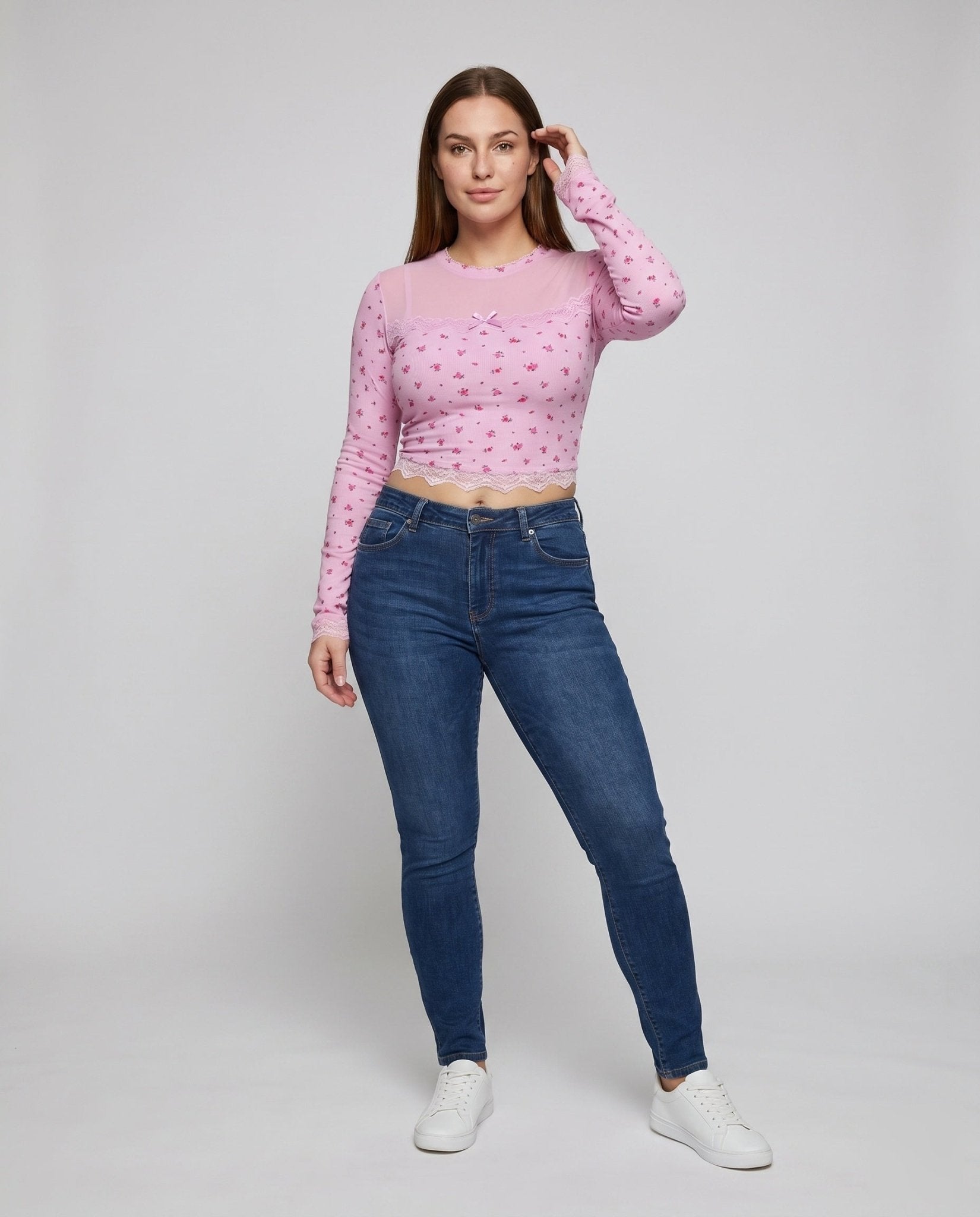 Women's Long Sleeve Crop Top with Delicate Lace Trim and Floral Print - Chichicherry