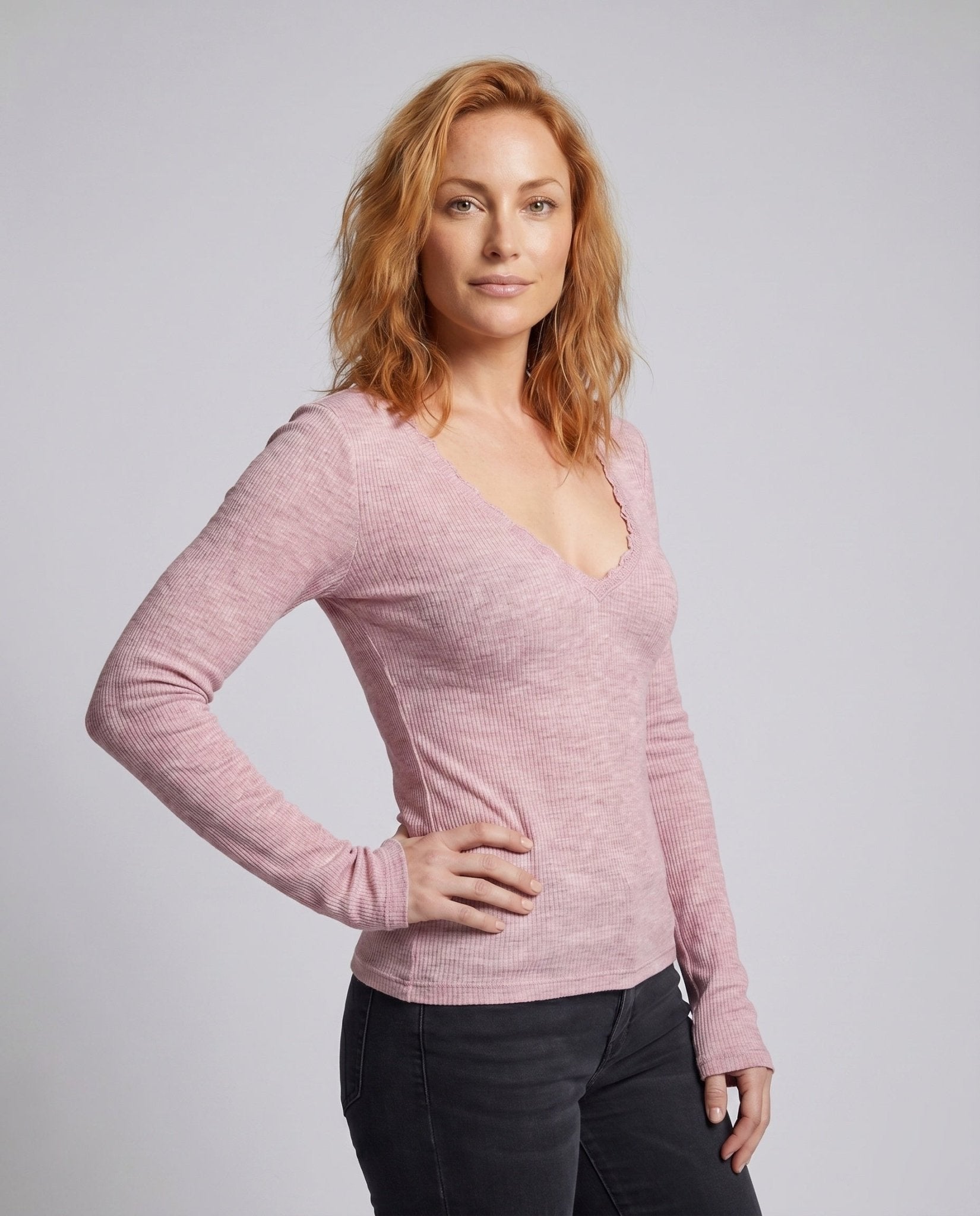 Women's Long Sleeve Shirt with Attractive V-Neck and Fine Rib Design - Chichicherry