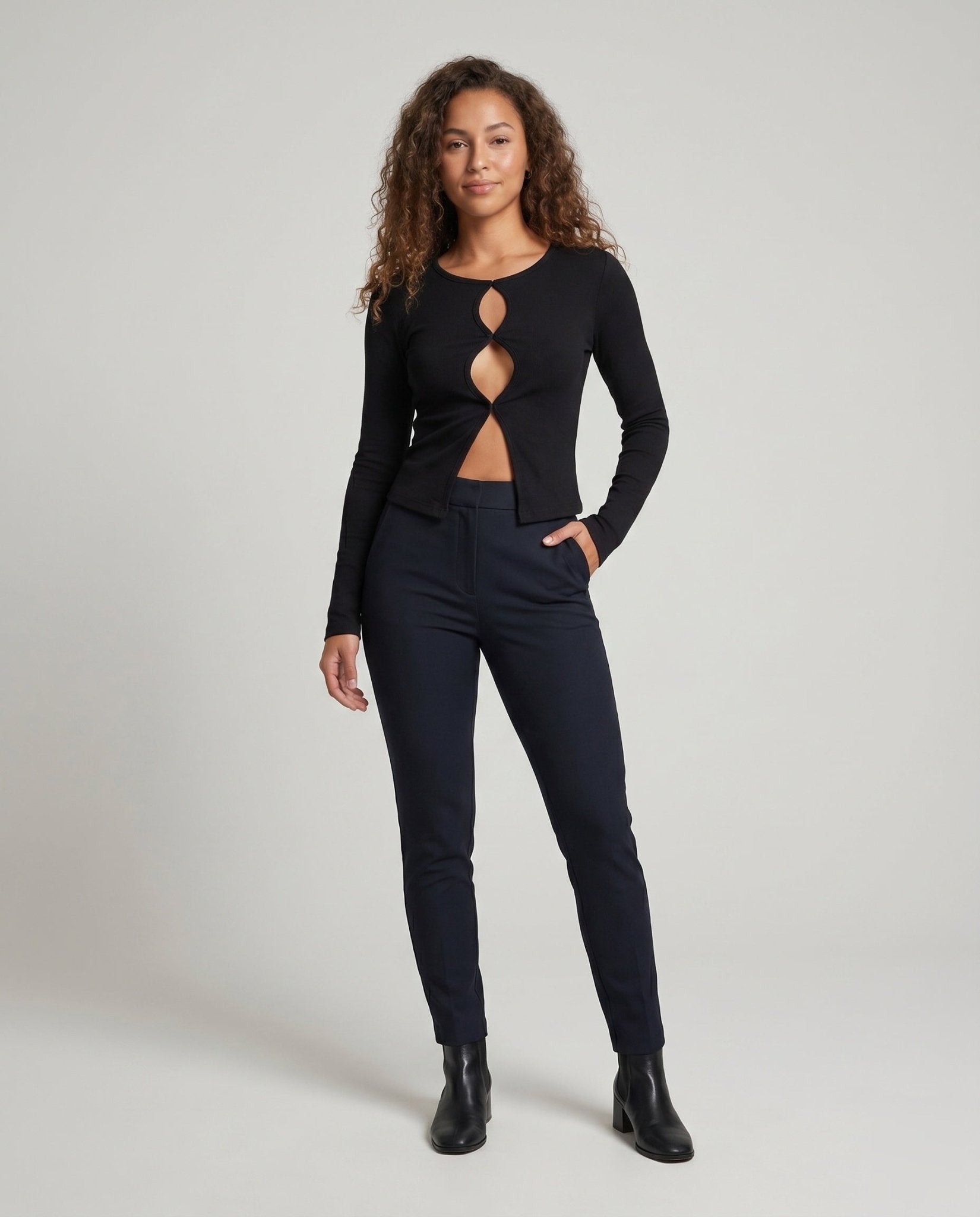 Women's Long Sleeve Shirt with Decorative Neckline Design - Chichicherry
