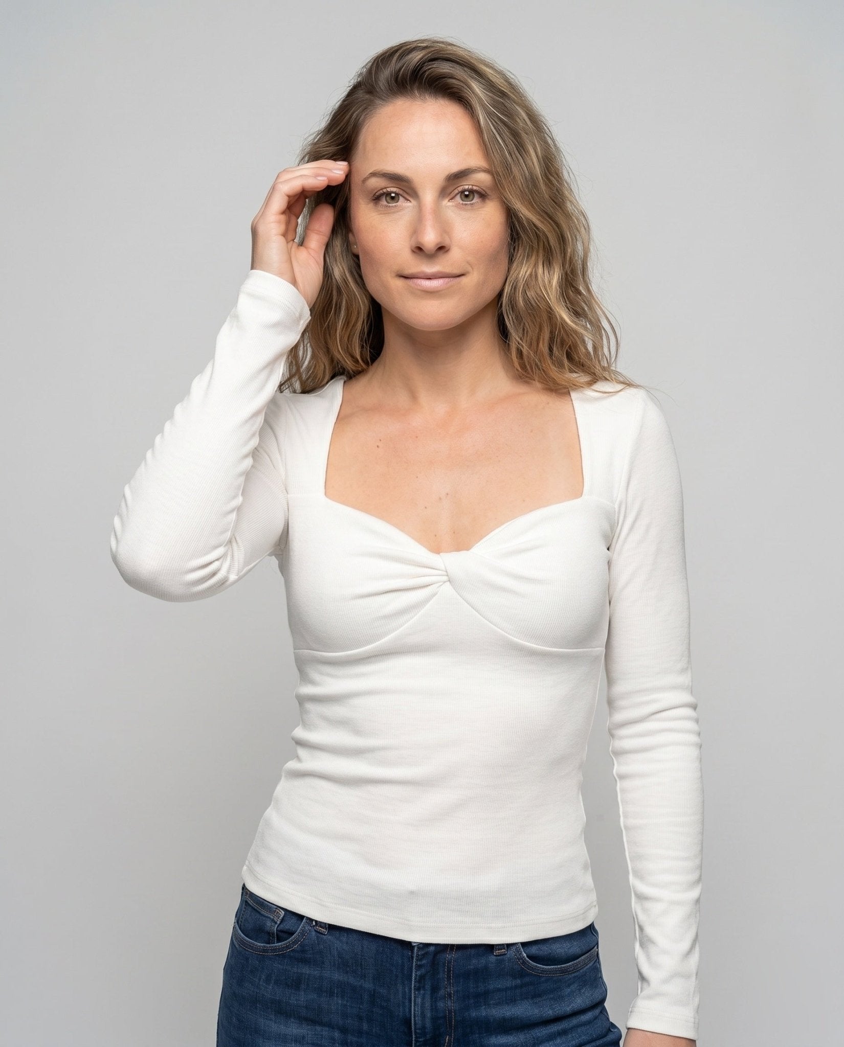 Women's long sleeve shirt with elegant draping and deep V-neck - Chichicherry