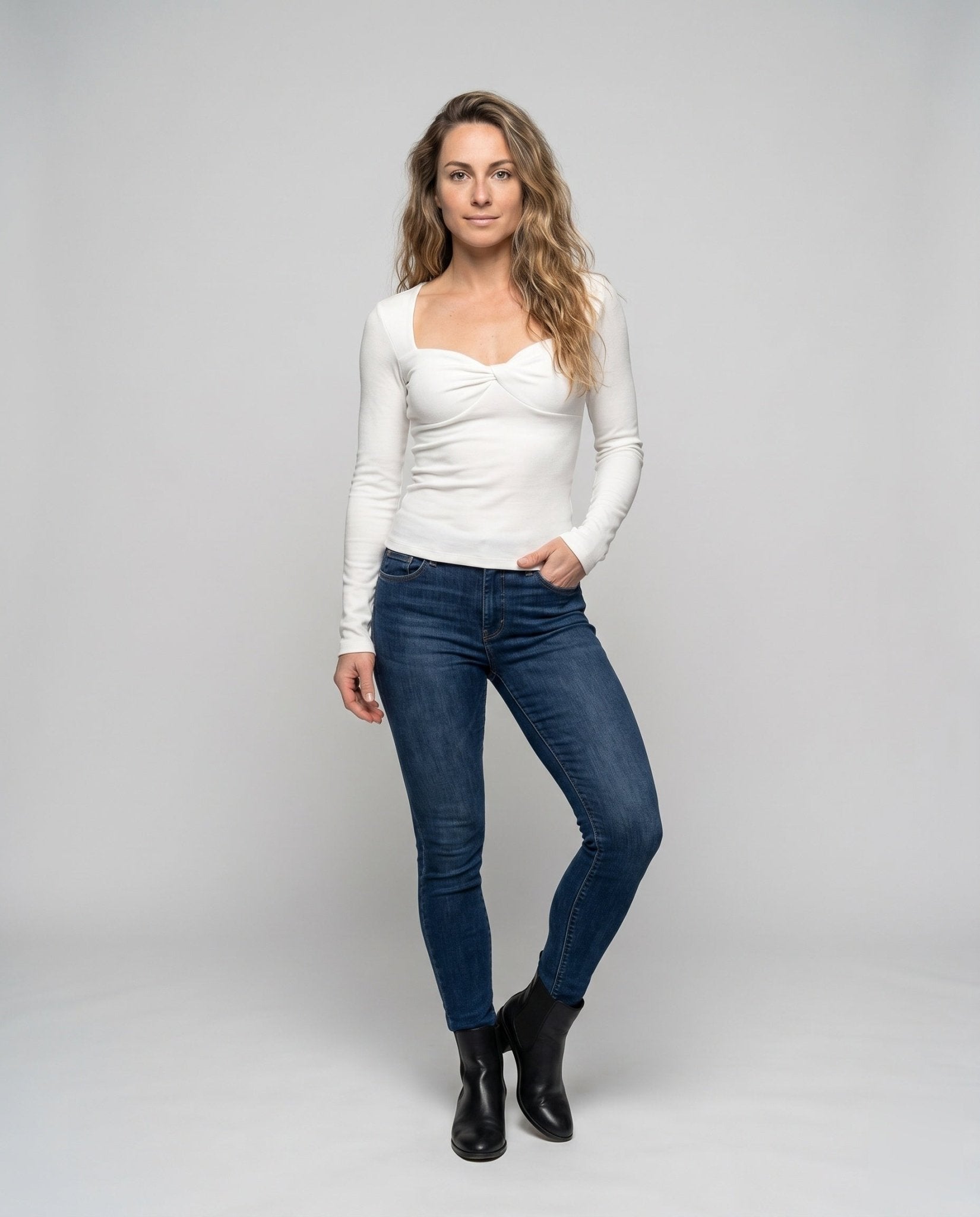 Women's long sleeve shirt with elegant draping and deep V-neck - Chichicherry
