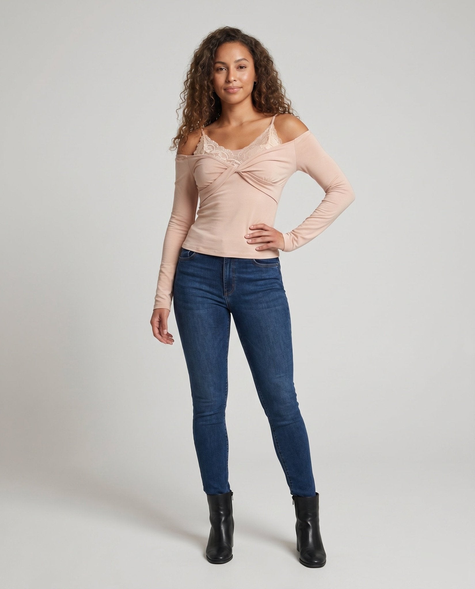 Women's Long Sleeve Shirt with Elegant Lace Overlay and Wrap Detail - Chichicherry