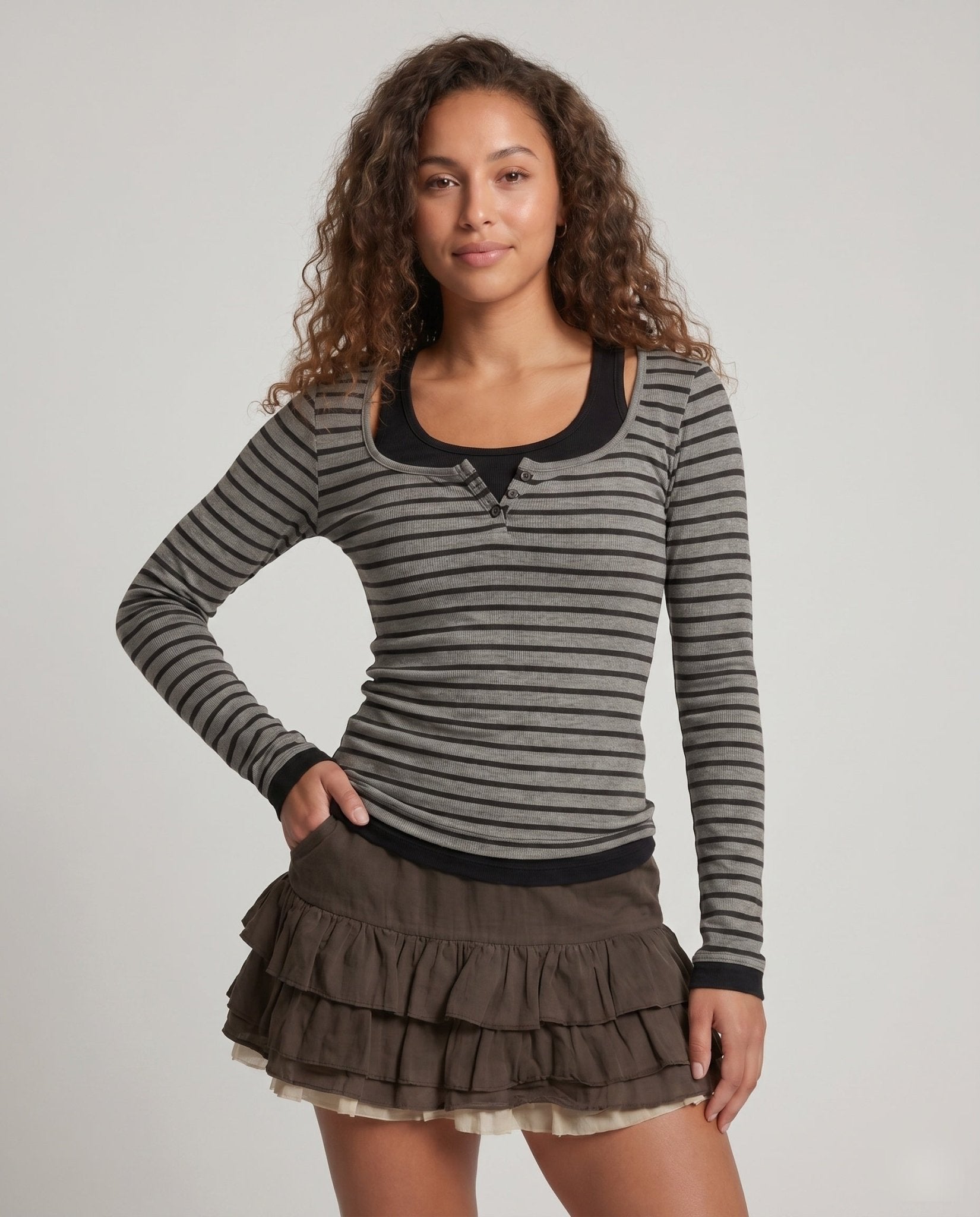 Women's long sleeve shirt with fashionable stripe pattern and chic ruffle design - Chichicherry