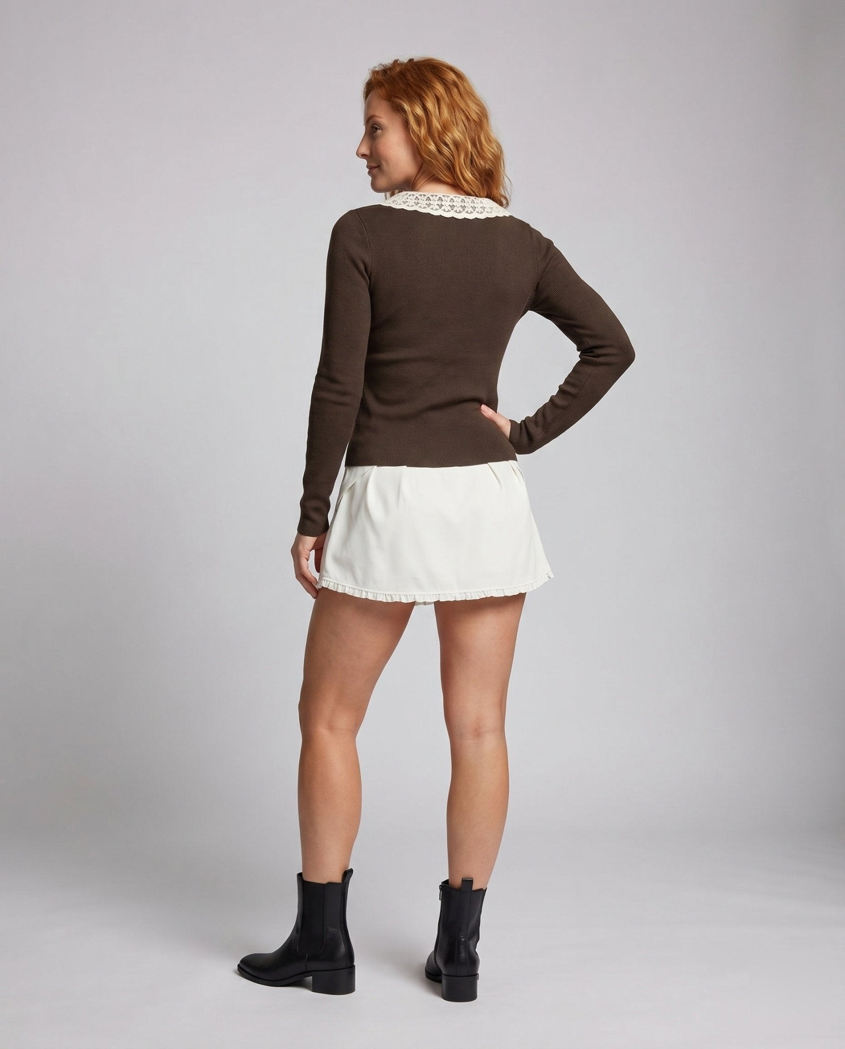 Women's Long Sleeve Shirt with Lace Trim and Button Closure Neckline - Chichicherry