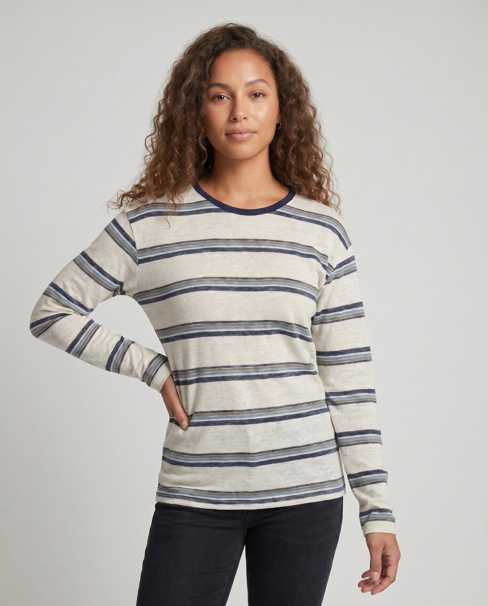 Women’s Long Sleeve Shirt with Maritime Striped Pattern - Chichicherry
