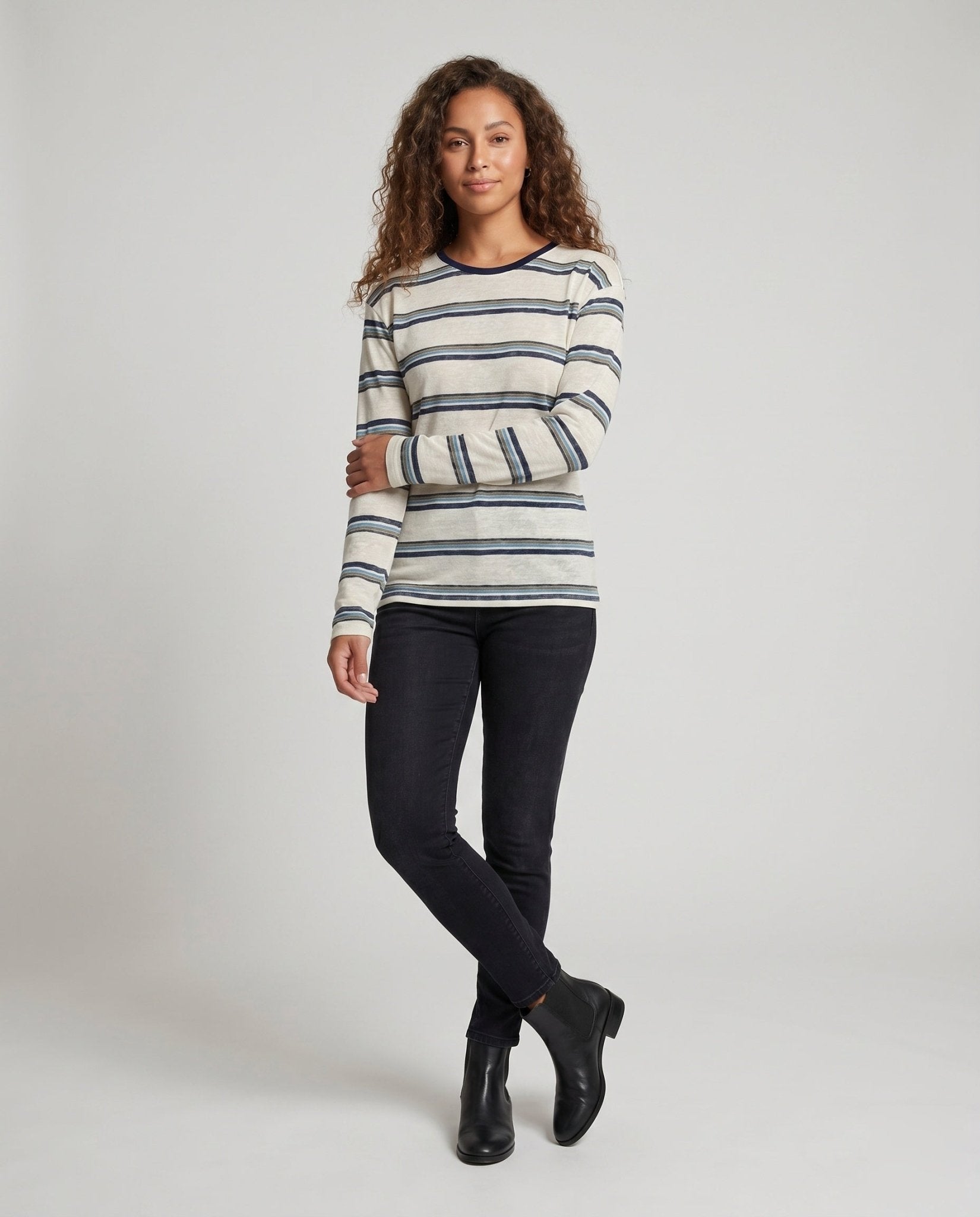 Women’s Long Sleeve Shirt with Maritime Striped Pattern - Chichicherry