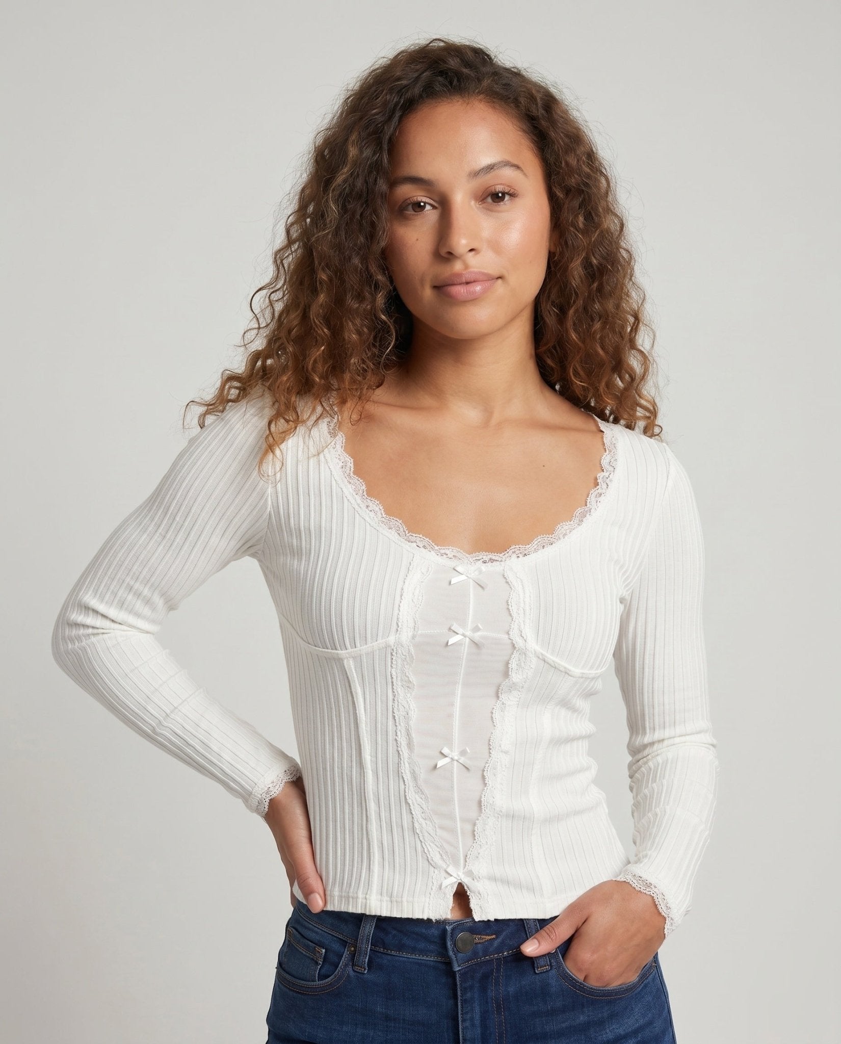 Women's Long Sleeve Shirt with Ribbed Texture and Lace Trim - Chichicherry