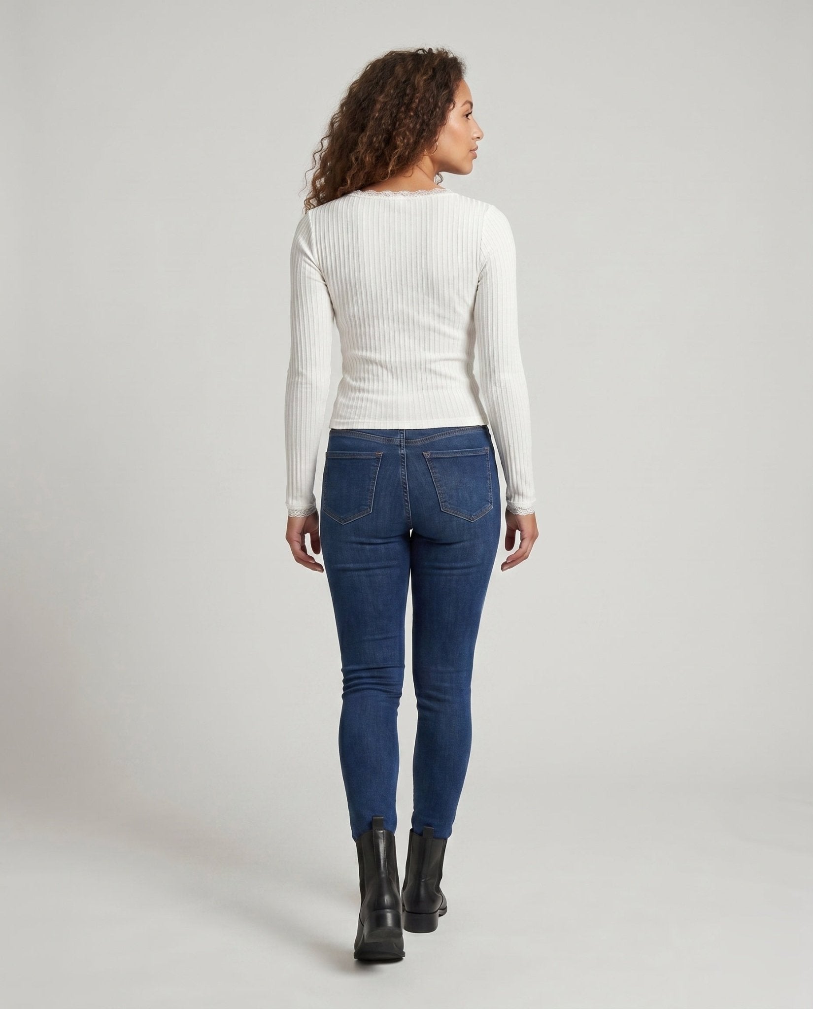 Women's Long Sleeve Shirt with Ribbed Texture and Lace Trim - Chichicherry