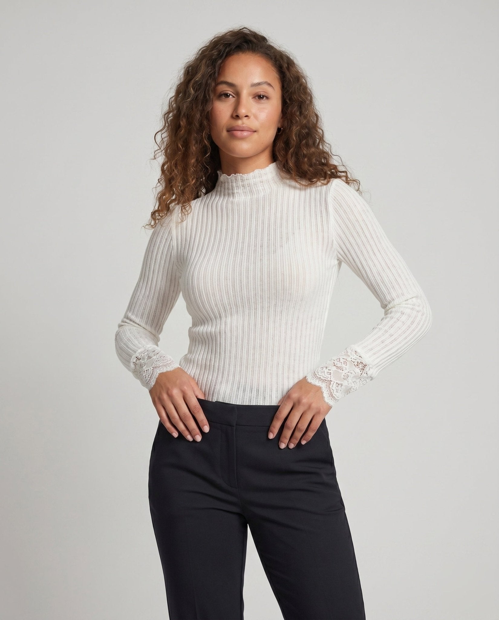 Women's Long Sleeve Shirt with Romantic Lace Ruffle Hem - Chichicherry