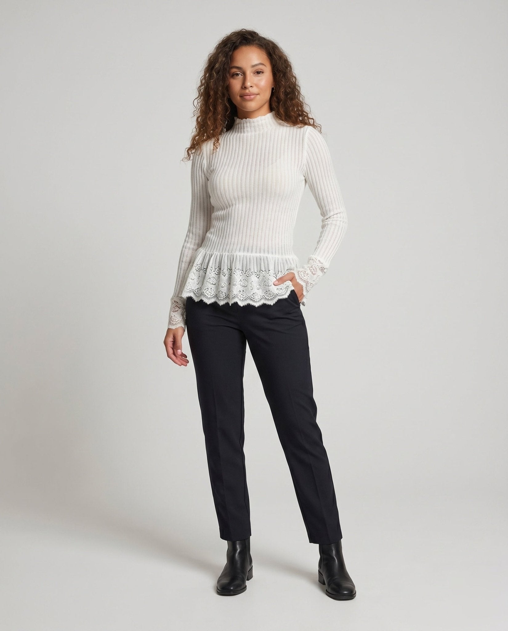 Women's Long Sleeve Shirt with Romantic Lace Ruffle Hem - Chichicherry