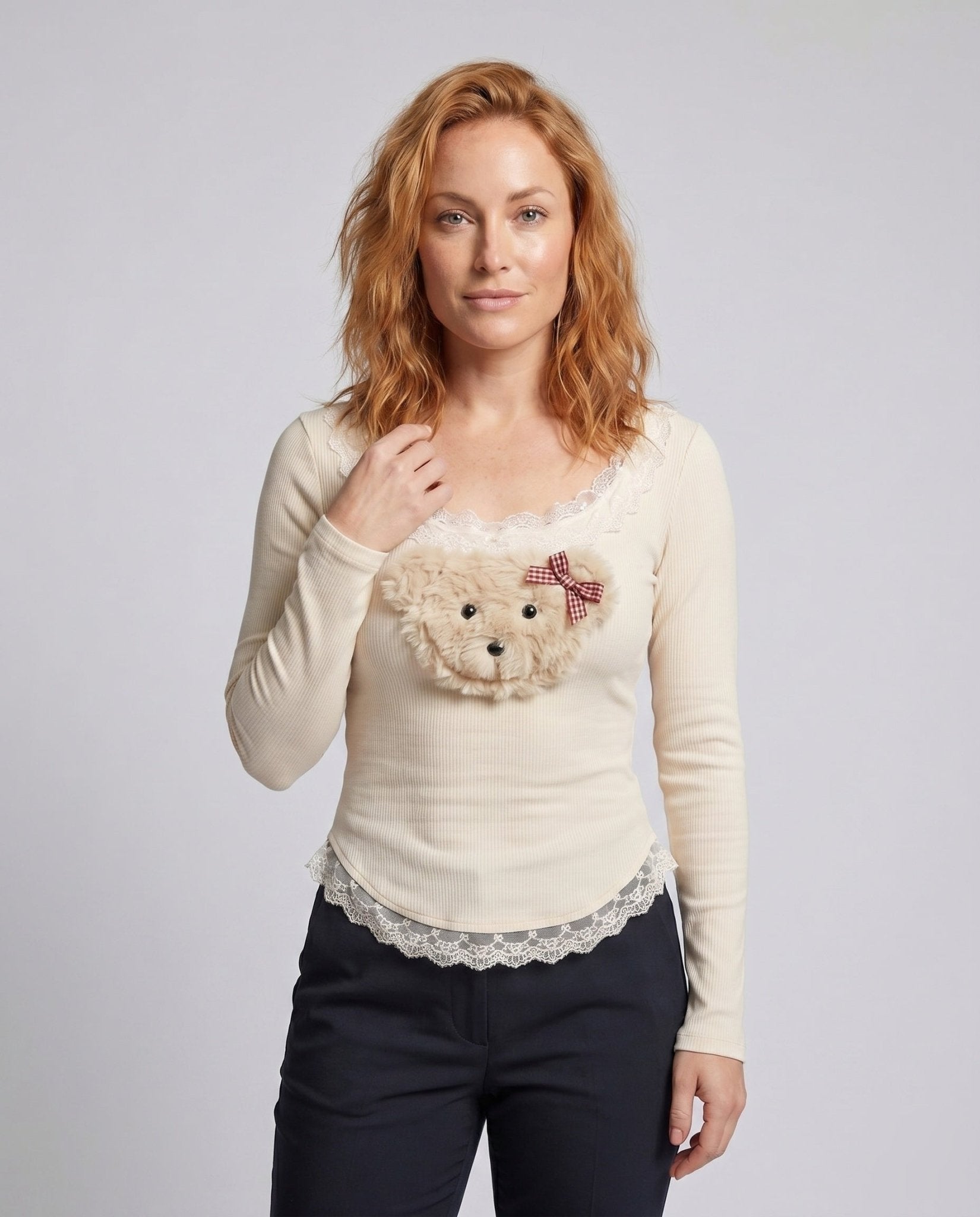 Women's long sleeve T-shirt with playful plush motif and lace trim - Chichicherry