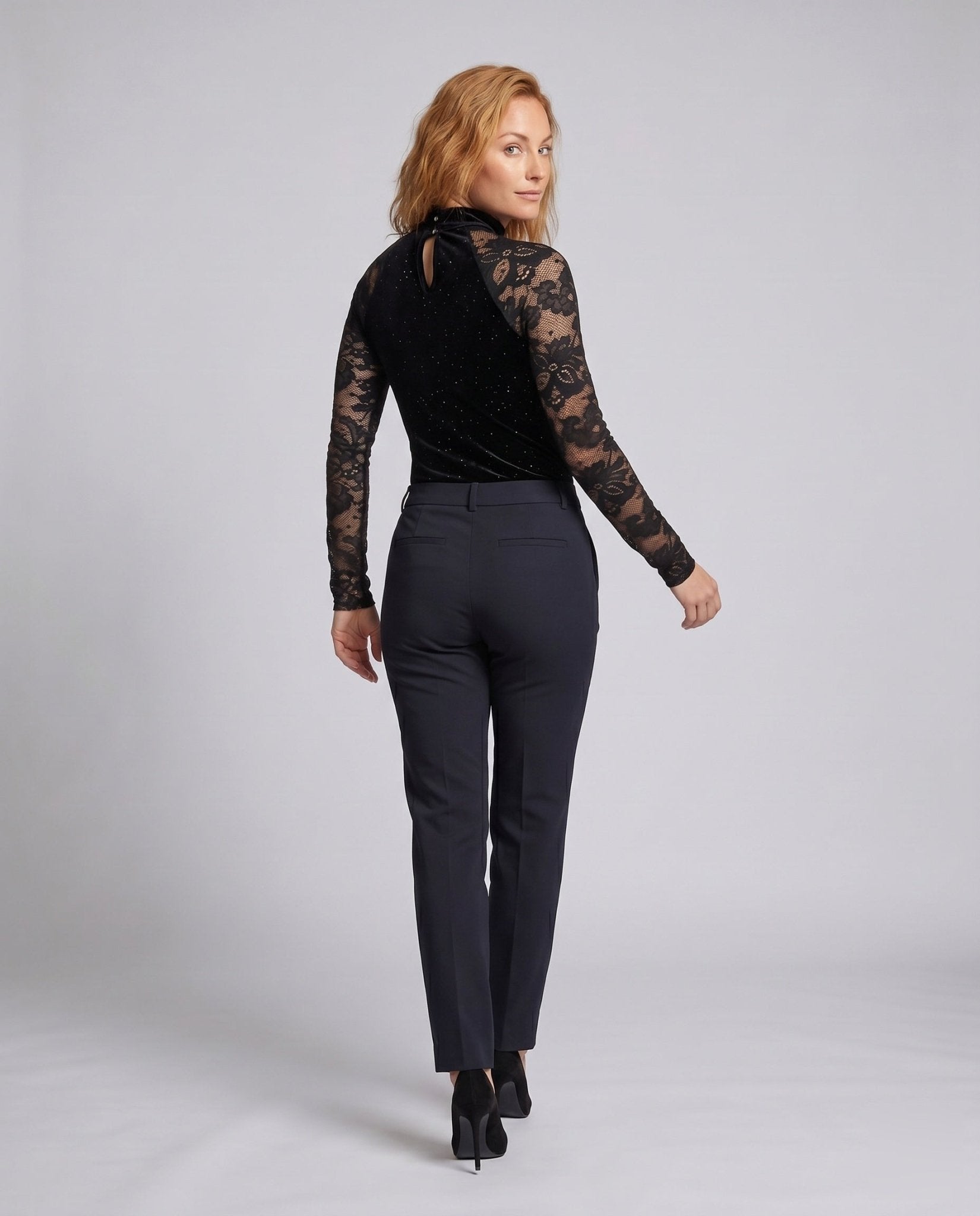 Women's long sleeve top made of velour with floral lace sleeves and sparkling accents - Chichicherry