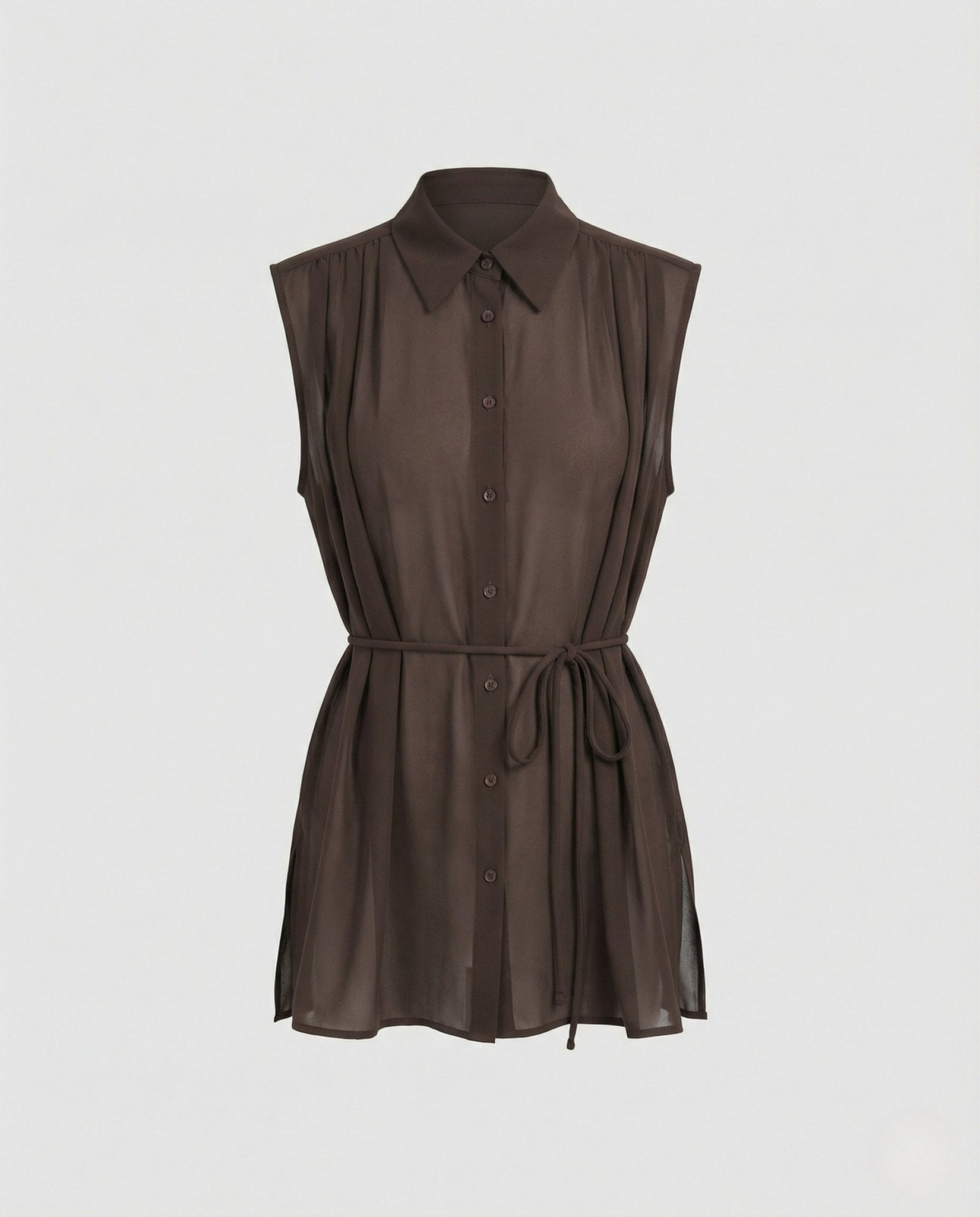 Women's Long Sleeveless Chiffon Blouse with Shirt Collar - Chichicherry