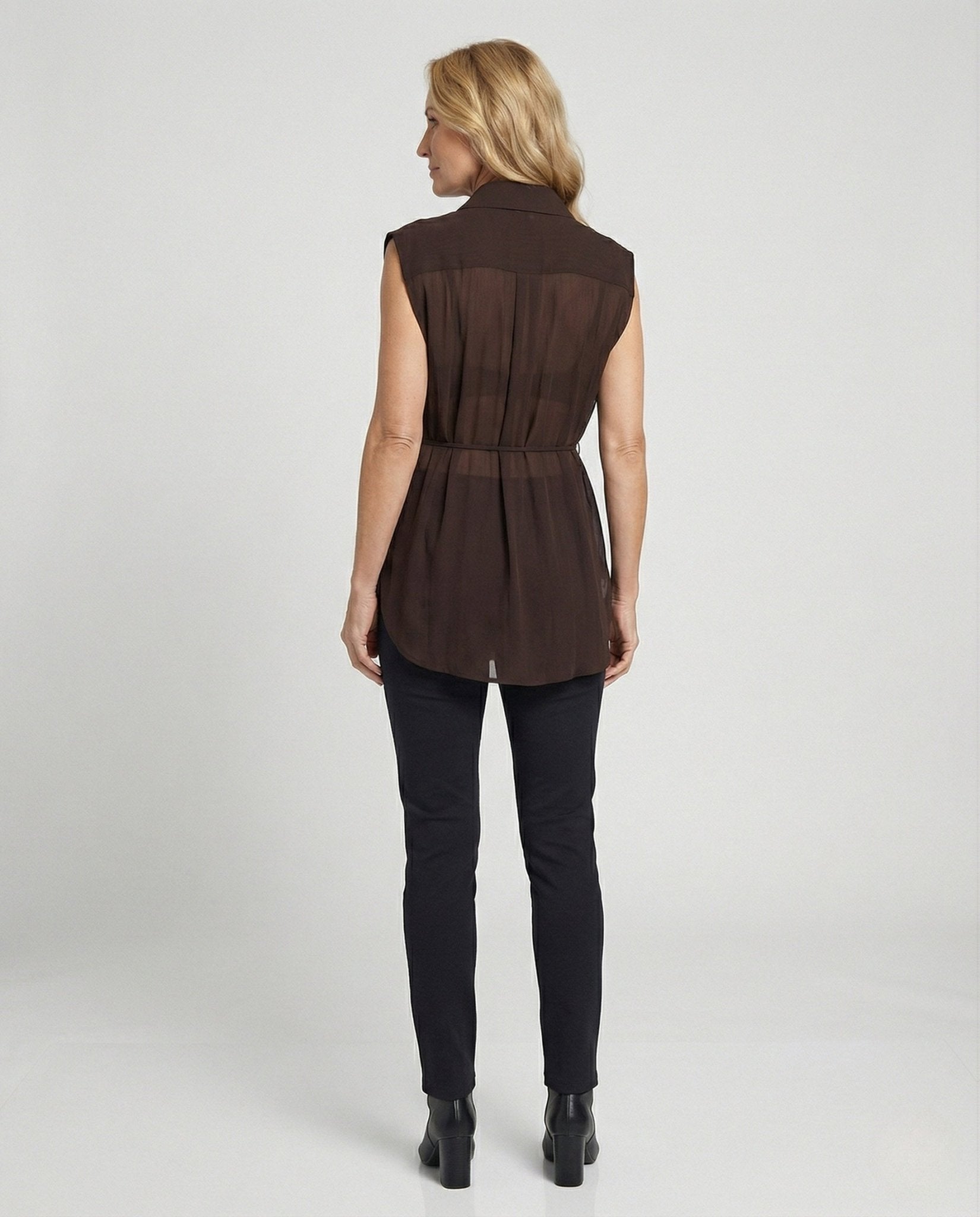 Women's Long Sleeveless Chiffon Blouse with Shirt Collar - Chichicherry