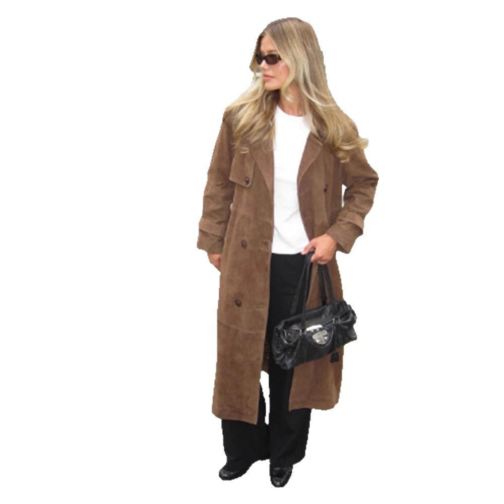 Women's Long Suede Trench Coat with Double-Breasted Buttons Chichicherry - Chichicherry