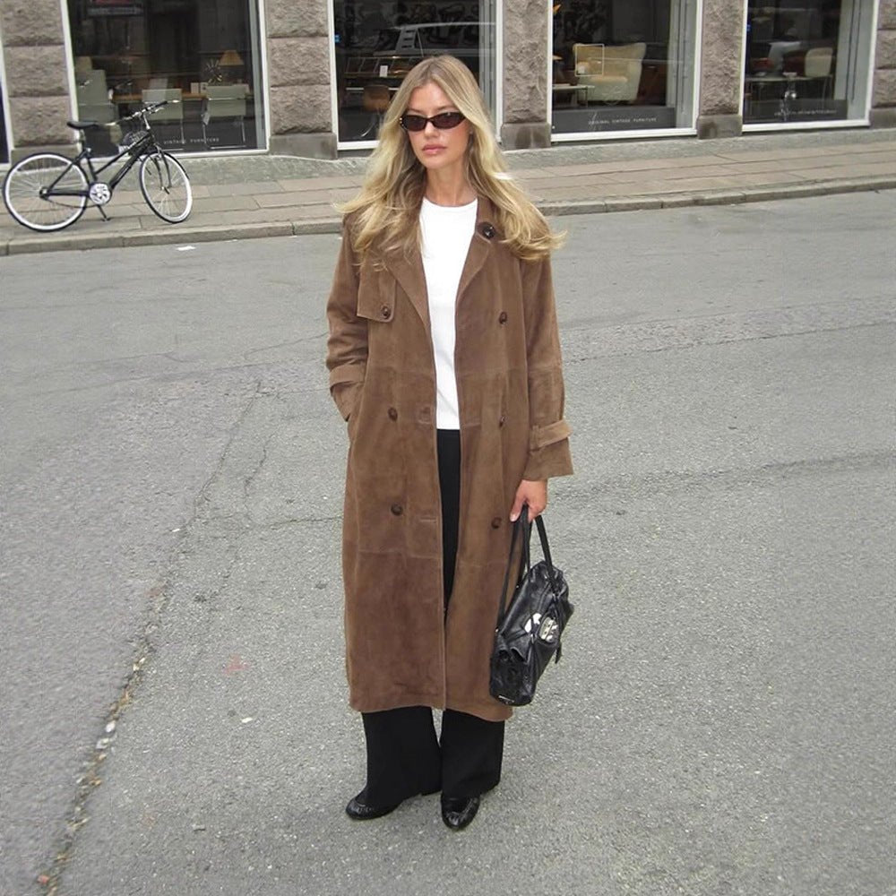 Women's Long Suede Trench Coat with Double-Breasted Buttons Chichicherry - Chichicherry