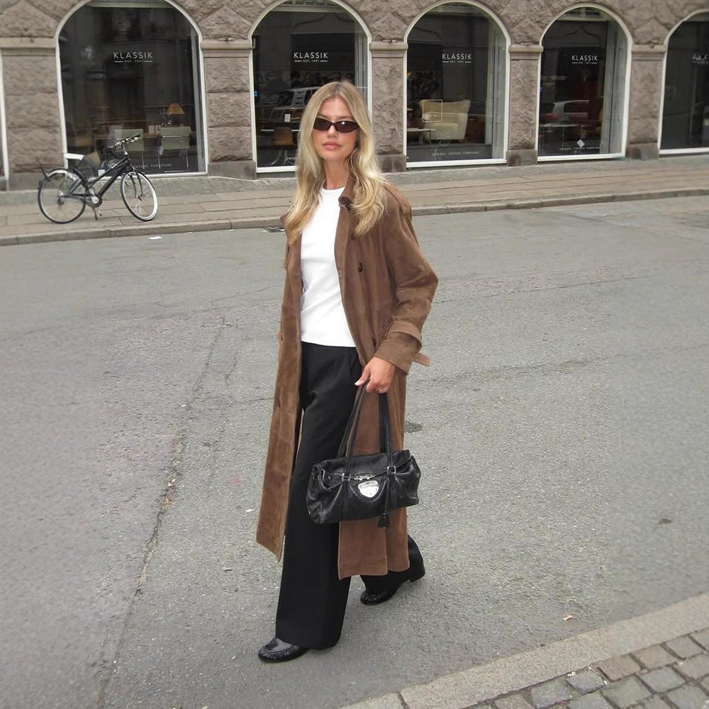 Women's Long Suede Trench Coat with Double-Breasted Buttons Chichicherry - Chichicherry