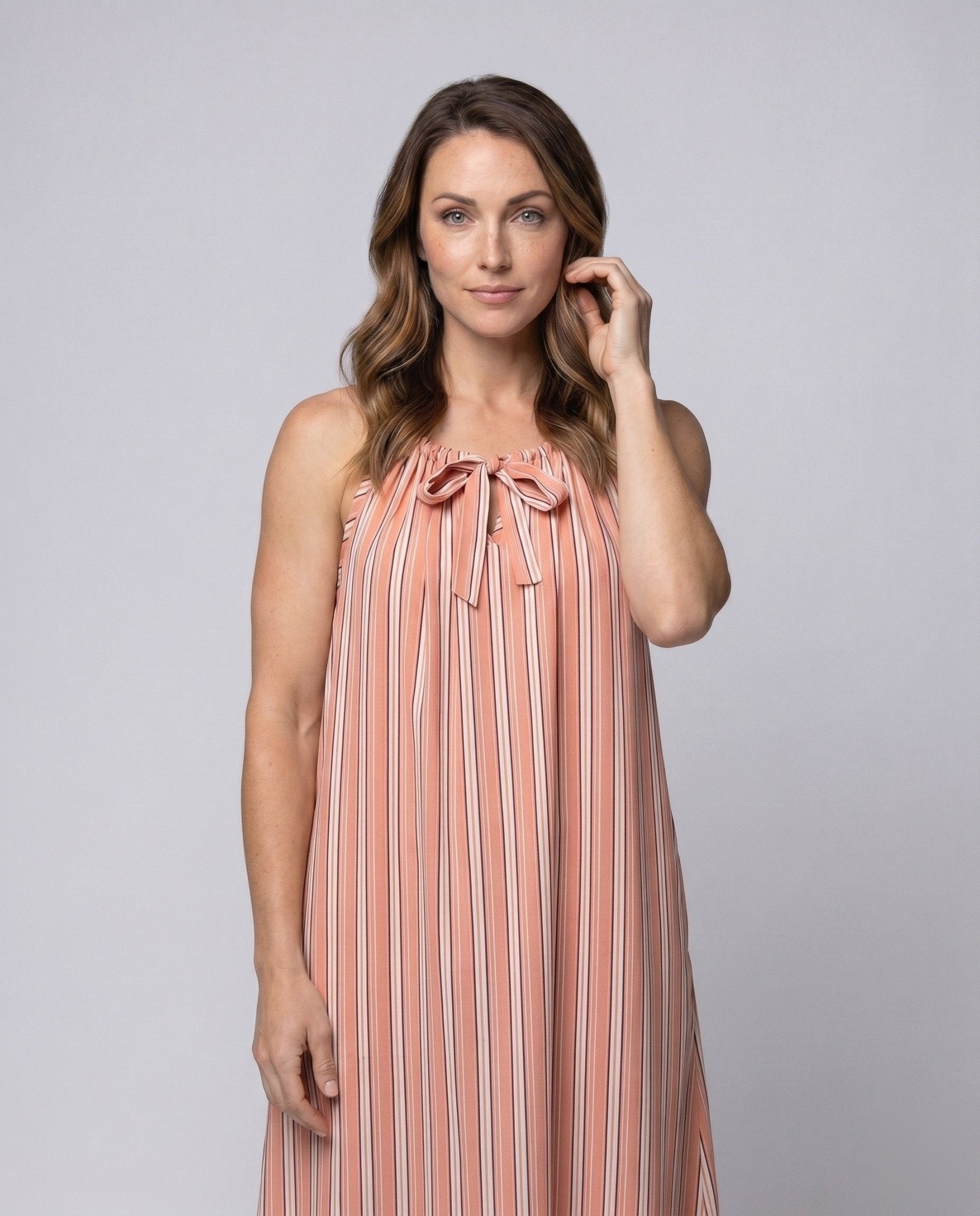 Women's long summer dress with stylish tie belt and elegant stripe details - Chichicherry