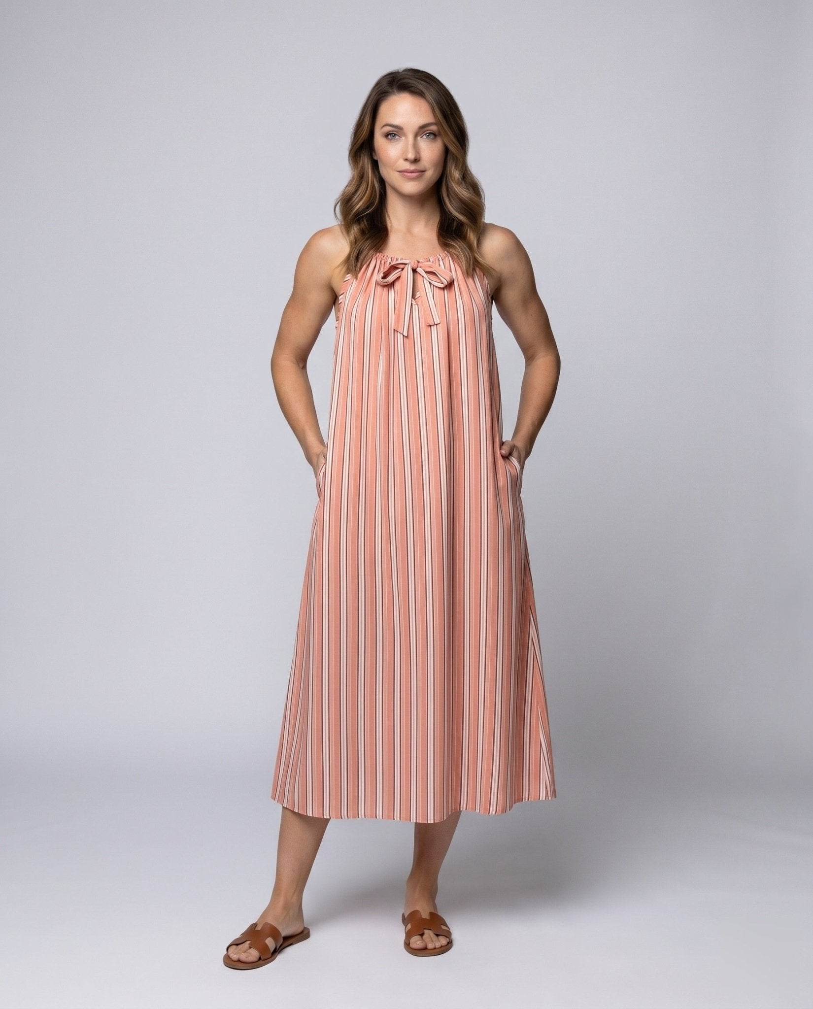 Women's long summer dress with stylish tie belt and elegant stripe details - Chichicherry