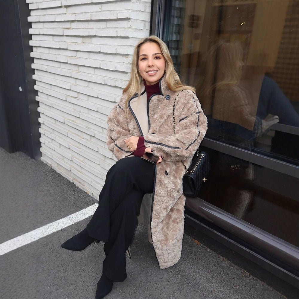 Women's Long Teddy Coat with Contrast Seams, Stand Collar and Button Placket Chichicherry - Chichicherry