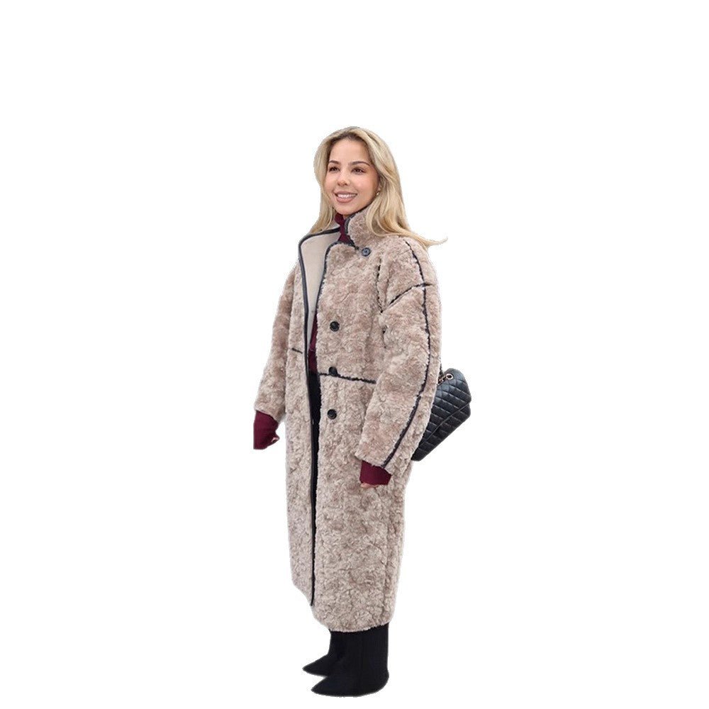 Women's Long Teddy Coat with Contrast Seams, Stand Collar and Button Placket Chichicherry - Chichicherry