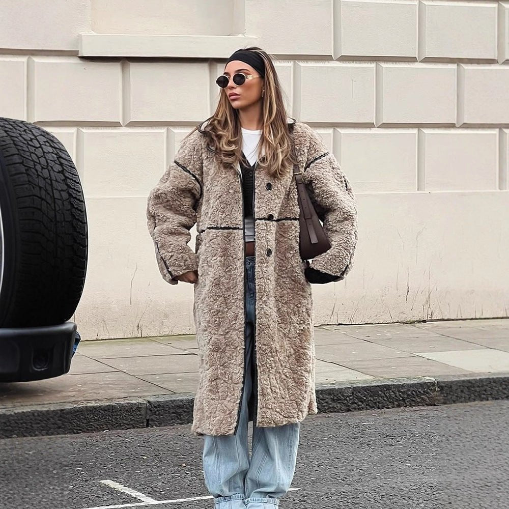 Women's Long Teddy Coat with Contrast Seams, Stand Collar and Button Placket Chichicherry - Chichicherry