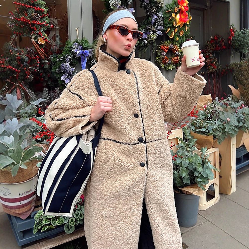 Women's Long Teddy Coat with Contrast Seams, Stand Collar and Button Placket Chichicherry - Chichicherry