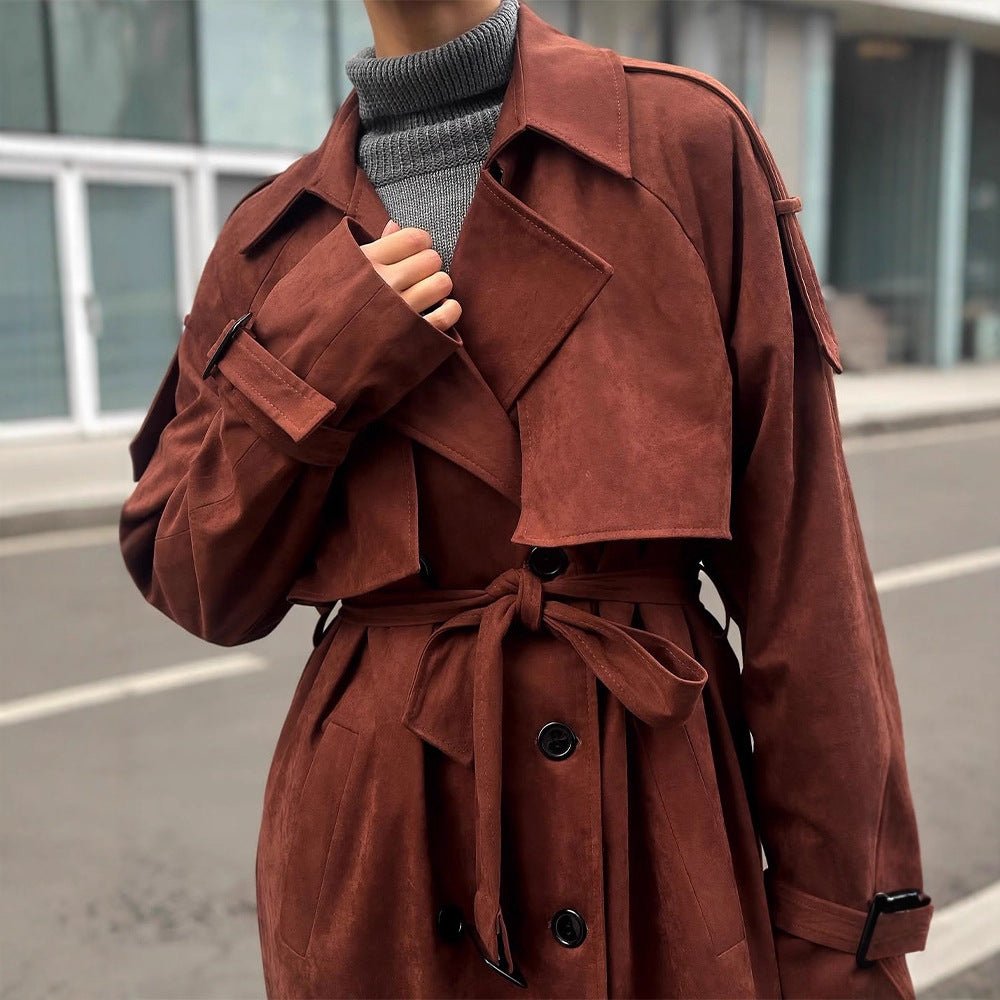 Women's long trench coat made of suede imitation with double button placket Chichicherry - Chichicherry