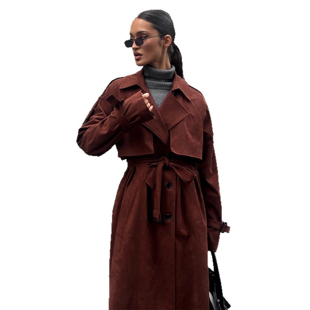 Women's long trench coat made of suede imitation with double button placket Chichicherry - Chichicherry