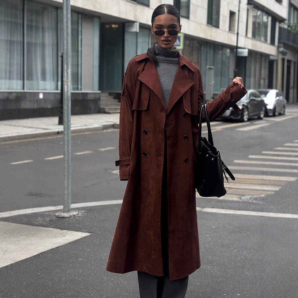Women's long trench coat made of suede imitation with double button placket Chichicherry - Chichicherry