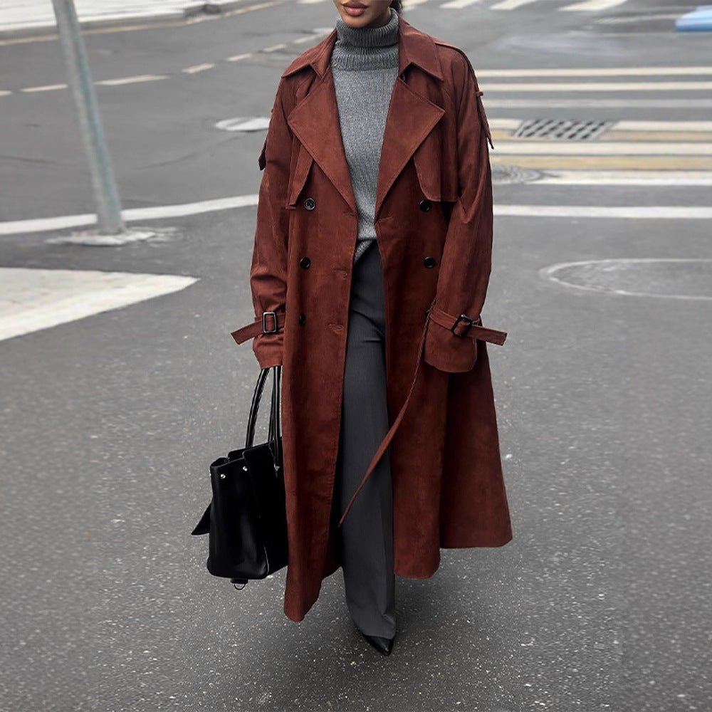 Women's long trench coat made of suede imitation with double button placket Chichicherry - Chichicherry