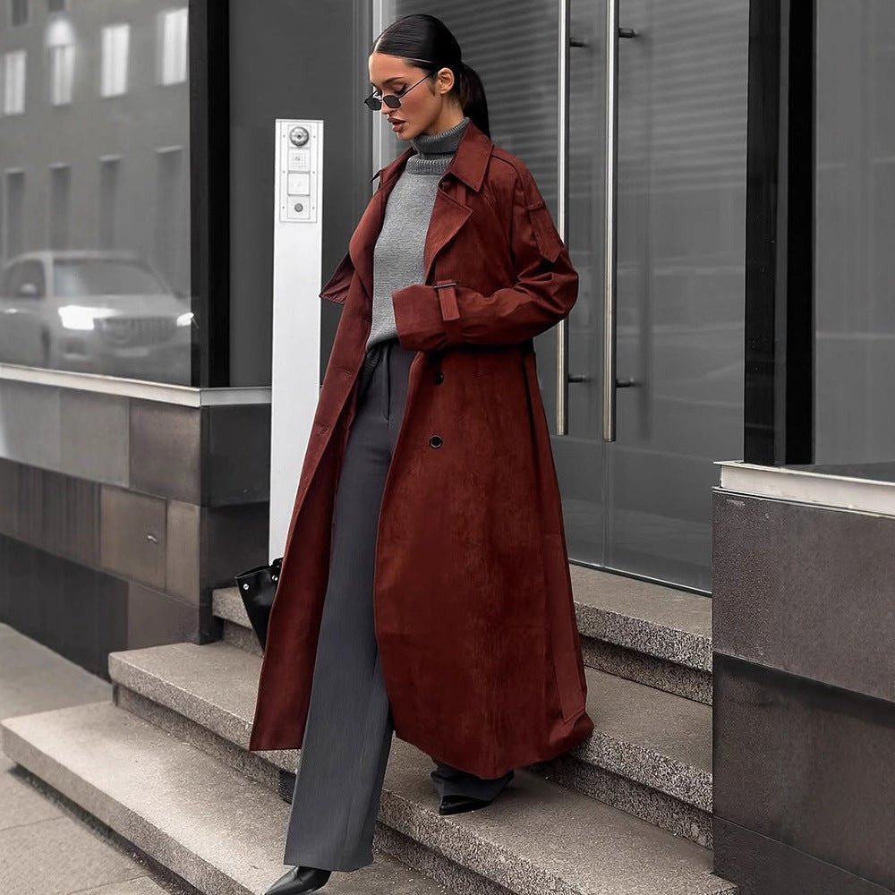 Women's long trench coat made of suede imitation with double button placket Chichicherry - Chichicherry