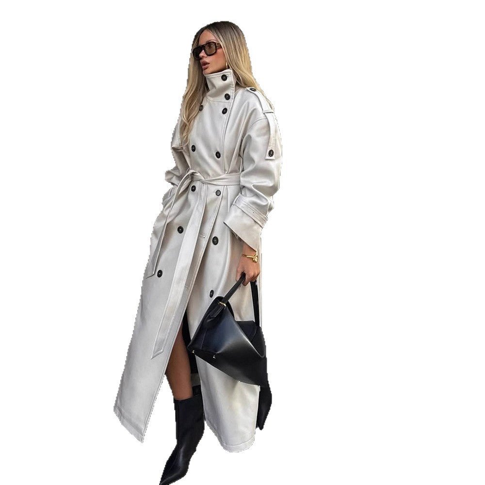Women’s Long Trench Coat with High Standing Collar, Double-Breasted Button Placket and Wide Cuffs Chichicherry - Chichicherry