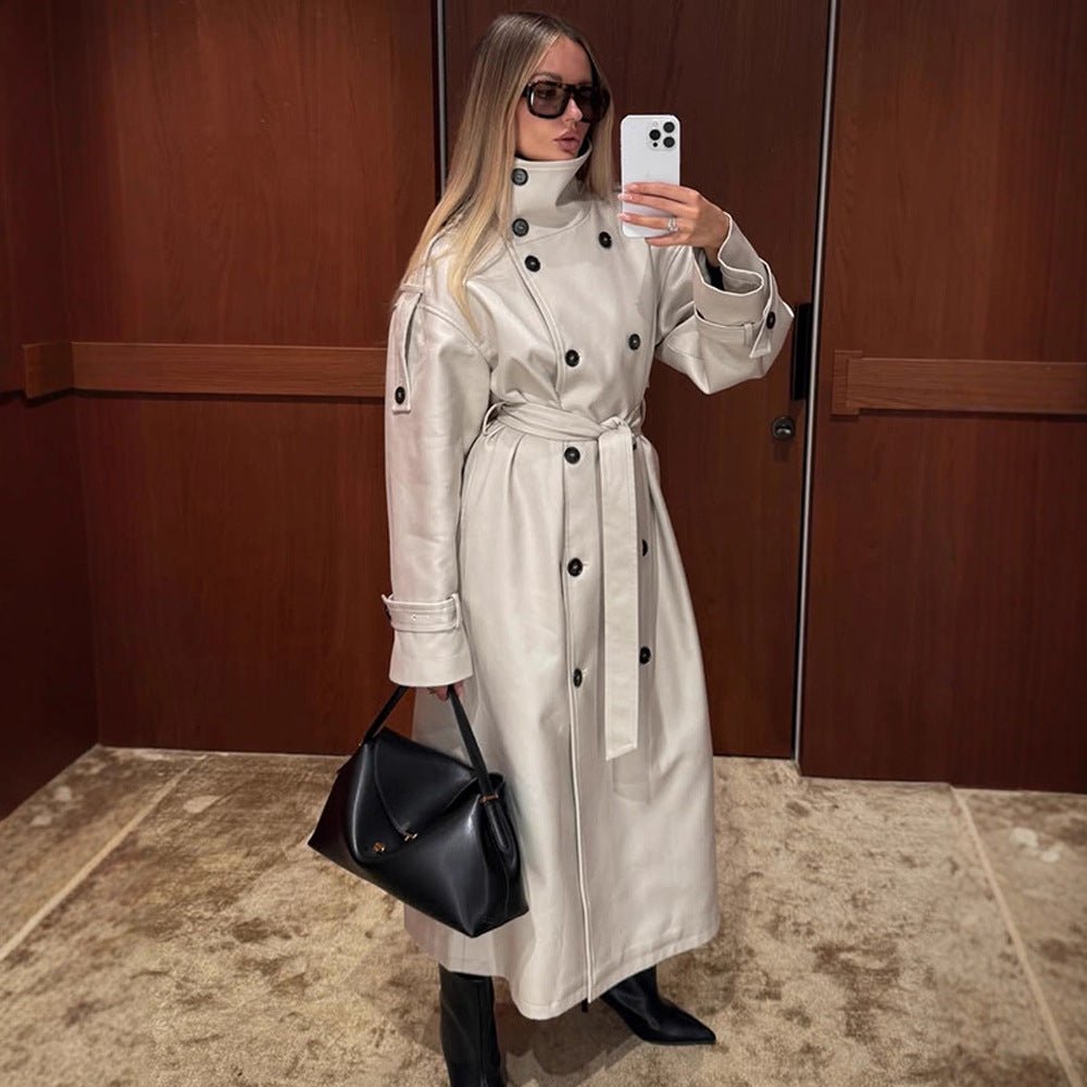 Women’s Long Trench Coat with High Standing Collar, Double-Breasted Button Placket and Wide Cuffs Chichicherry - Chichicherry