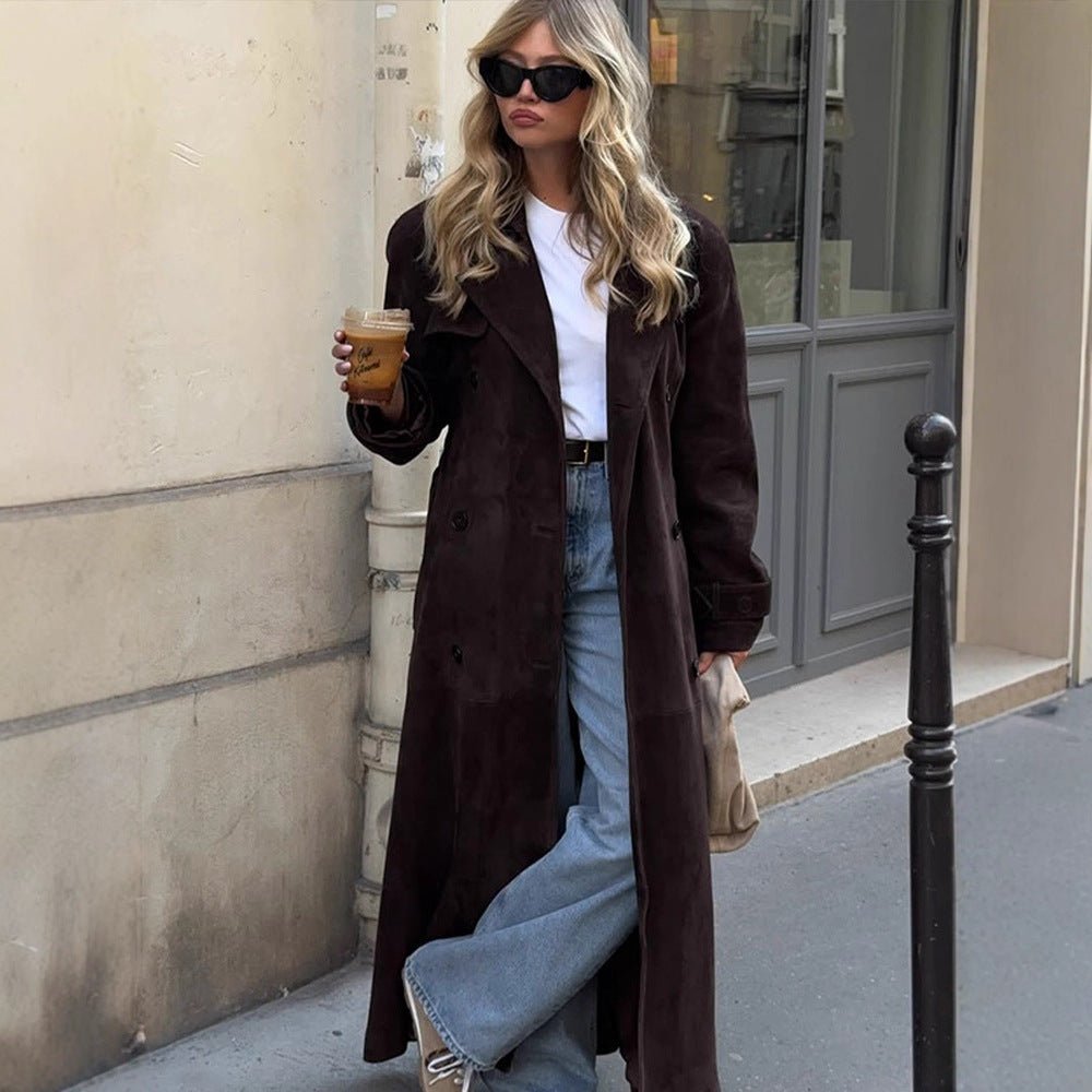 Women's Long Velvet Trench Coat with Tie Belt and Lapel Collar Chichicherry - Chichicherry