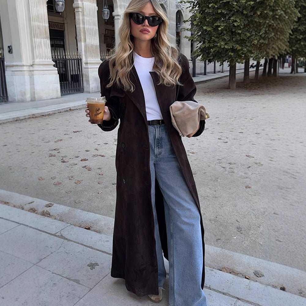 Women's Long Velvet Trench Coat with Tie Belt and Lapel Collar Chichicherry - Chichicherry