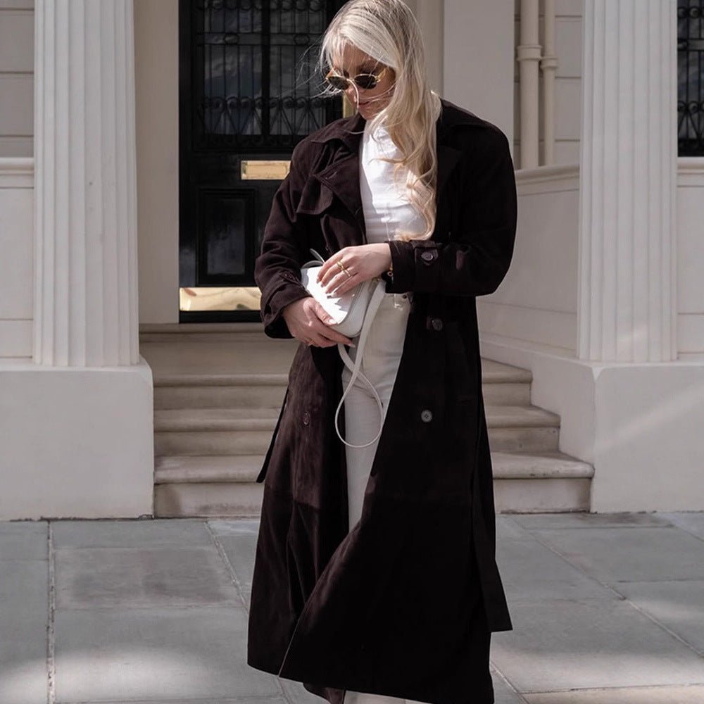 Women's Long Velvet Trench Coat with Tie Belt and Lapel Collar Chichicherry - Chichicherry