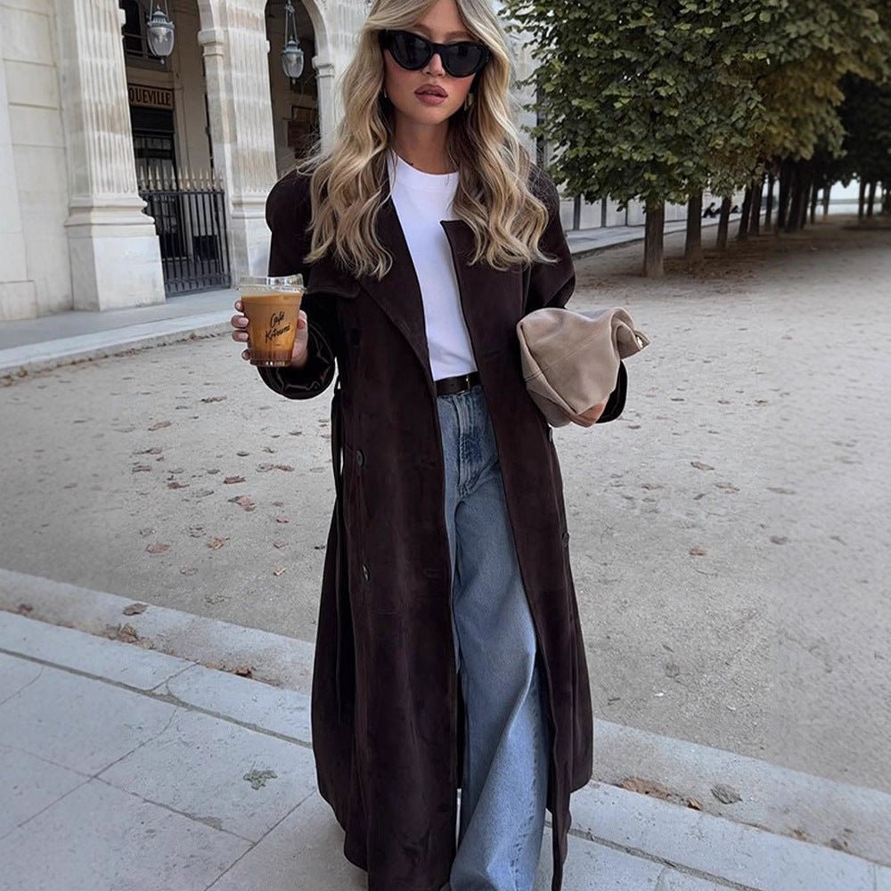 Women's Long Velvet Trench Coat with Tie Belt and Lapel Collar Chichicherry - Chichicherry