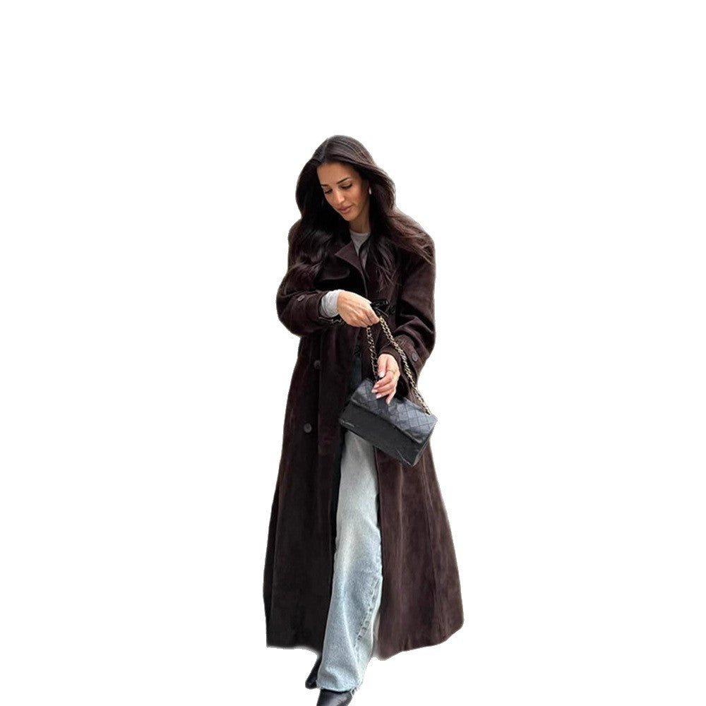 Women's Long Velvet Trench Coat with Tie Belt and Lapel Collar Chichicherry - Chichicherry