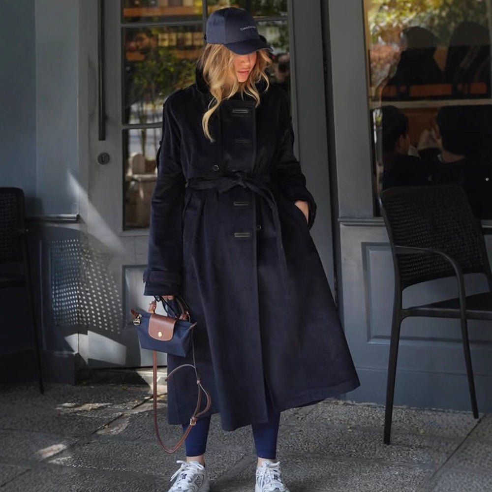 Women's longer cord trench coat with tie belt and oversized shoulders Chichicherry - Chichicherry